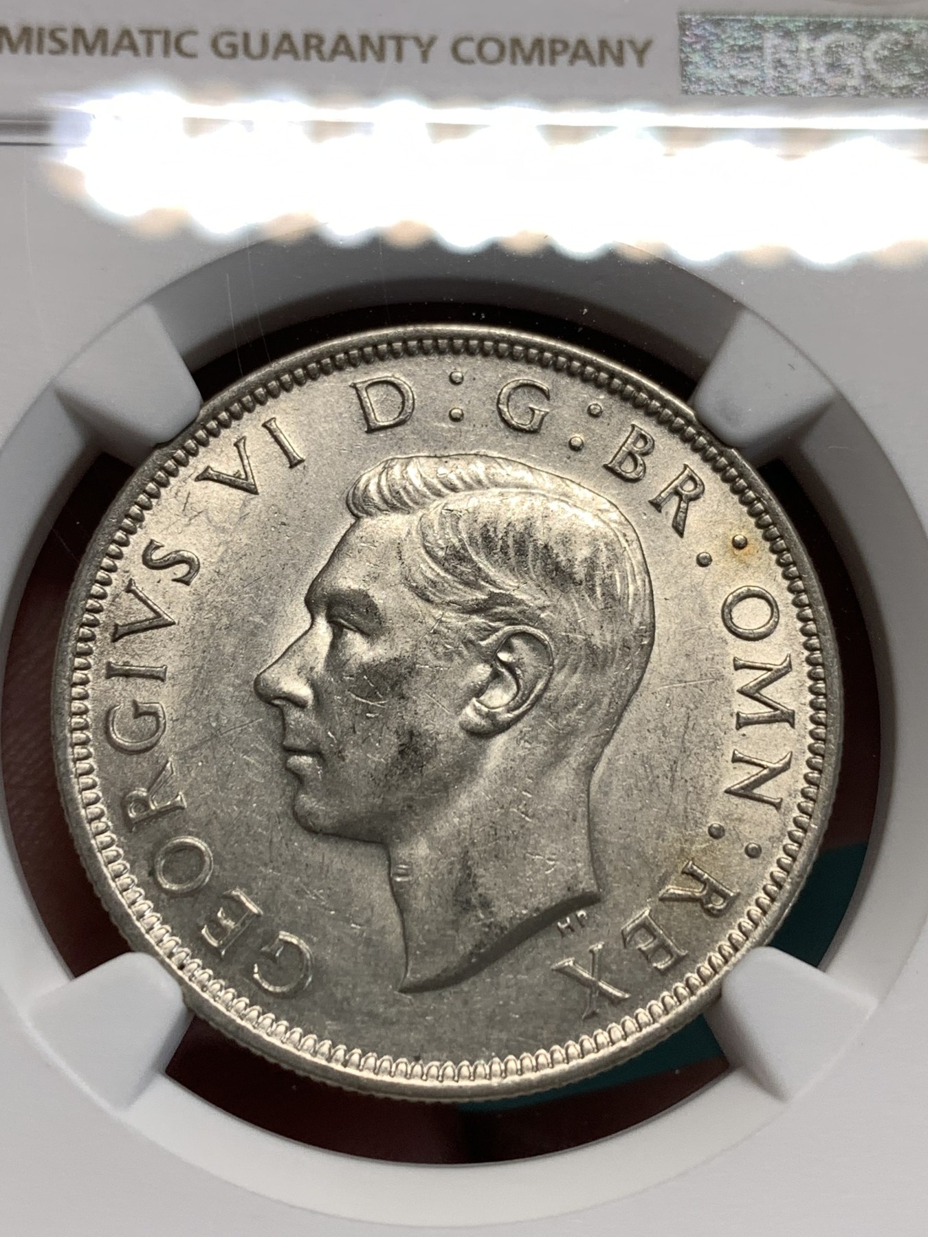 《竞宝斋》第186场-周日，周一 2场 (全场包邮) NGC AU58 英国 1945年 乔治六世 半克朗银币 保存的不错