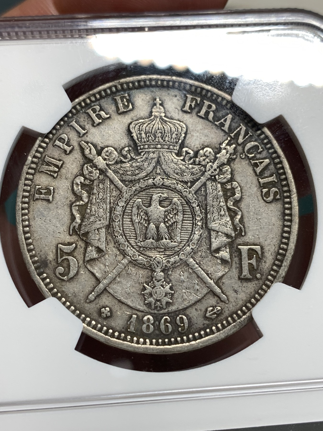 《竞宝斋》第186场-周日，周一 2场 (全场包邮) NGC XF45法国 1869年 拿三 5法郎银币 细节状态都不错 早期年份