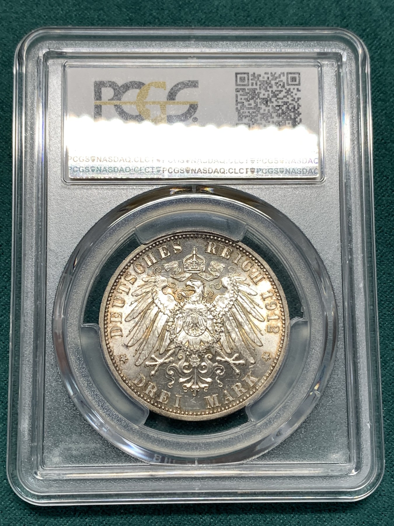 《竞宝斋》第186场-周日，周一 2场 (全场包邮) PCGS-MS63 德国普鲁士 1912年 威廉二世3马克 超炫转光