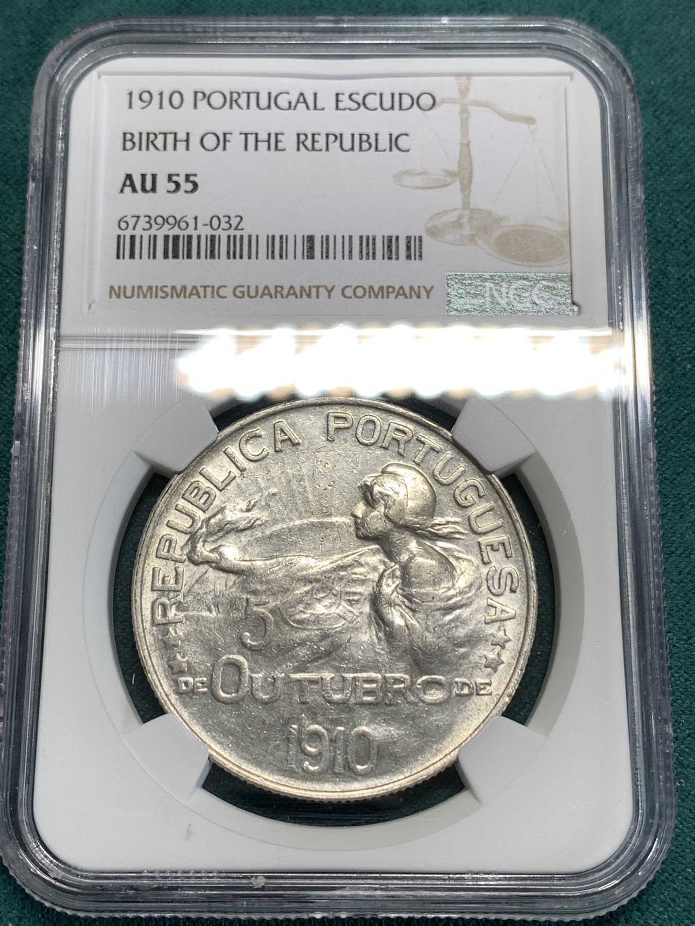 《竞宝斋》第186场-周日，周一 2场 (全场包邮) NGC AU55 葡萄牙1910年 半岛战争女神头像 1埃斯库多大银币 稀少品种