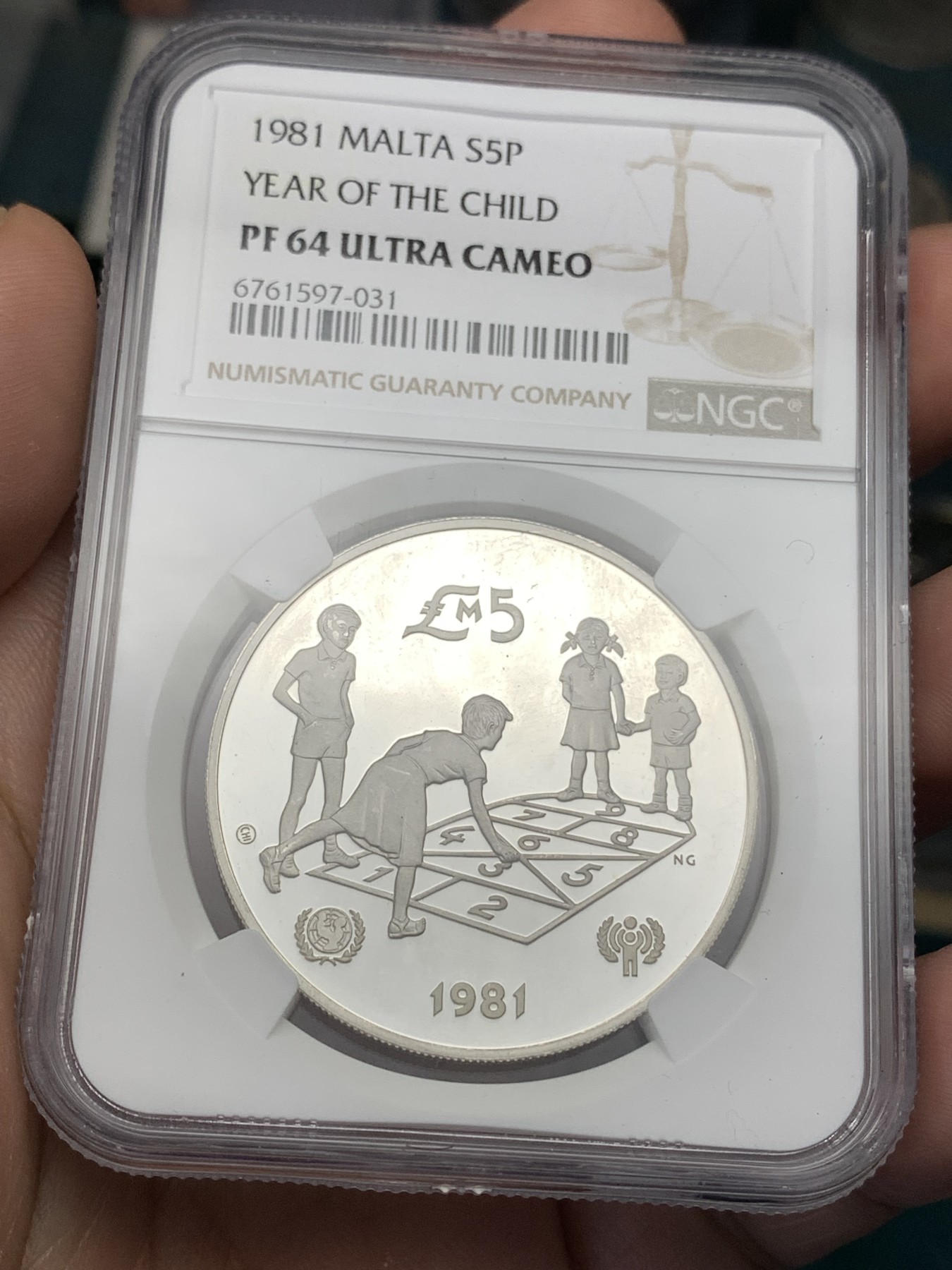 《竞宝斋》第186场-周日，周一 2场 (全场包邮) NGC PF64UC 马耳他 1981 国际青年会议 - 联合国儿童基金会 5P精制银币28.28克 925银