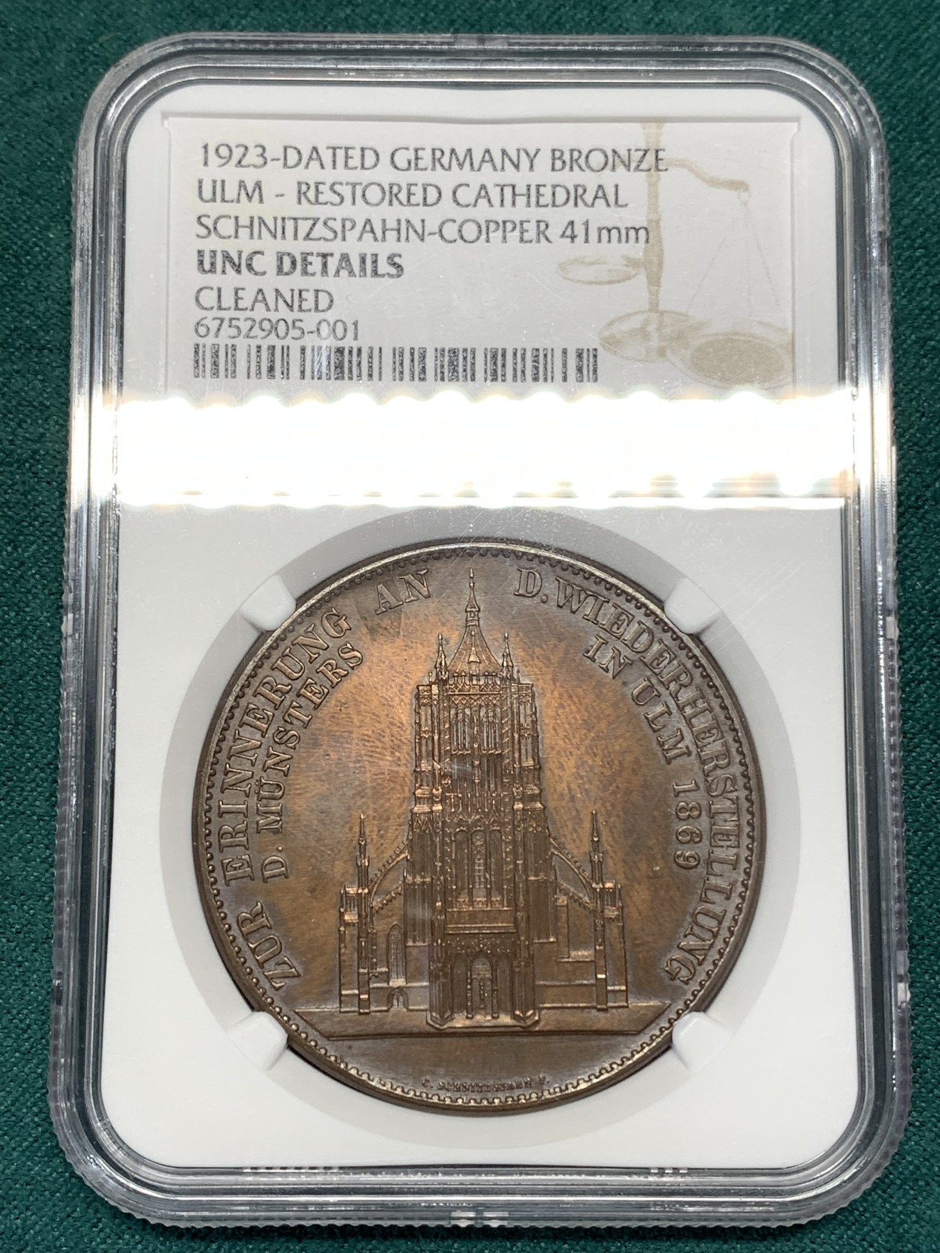 《竞宝斋》第186场-周日，周一 2场 (全场包邮) NGC-UNC 德国1923年乌尔姆教堂修复纪念铜章，一面和教堂泰勒同款