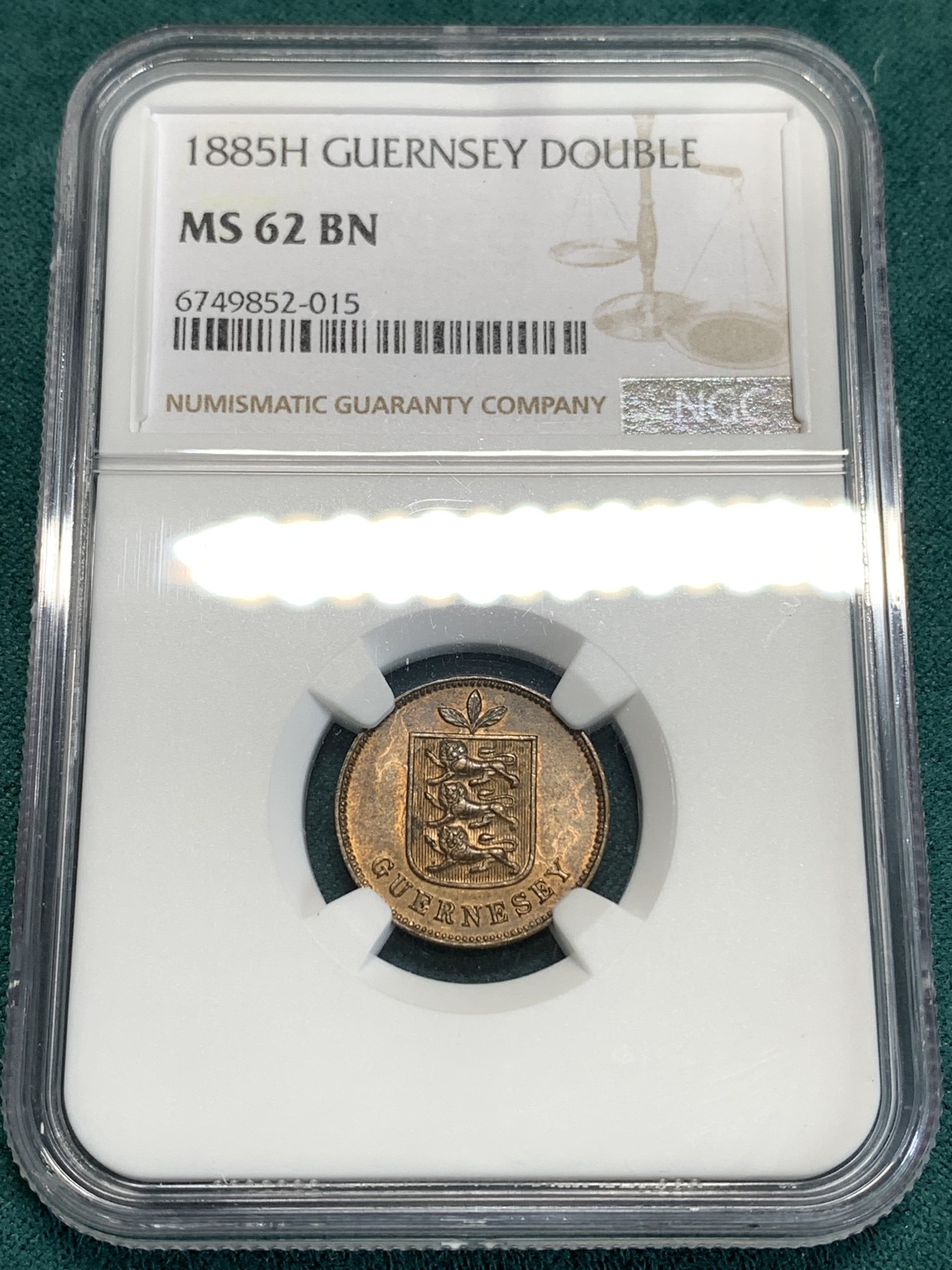 《竞宝斋》第186场-周日，周一 2场 (全场包邮) NGC MS62BN 1885年根西1D铜币，品相精美，维多利亚时期的好品少见