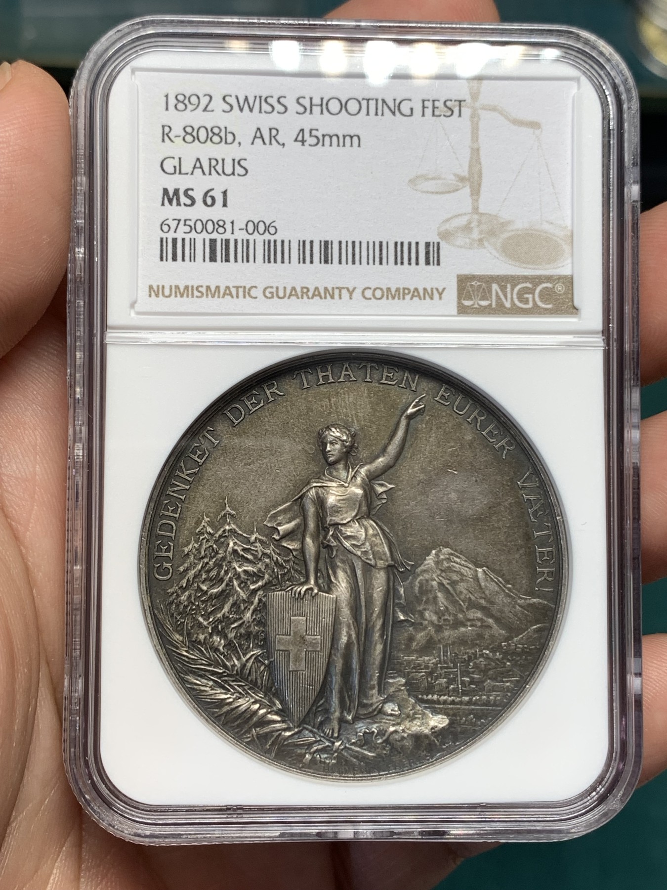 《竞宝斋》第186场-周日，周一 2场 (全场包邮) NGC-MS61 1892年格拉鲁斯瑞士射击节银章 品相很好 属于瑞士射击节中的精品银章 加厚盒装