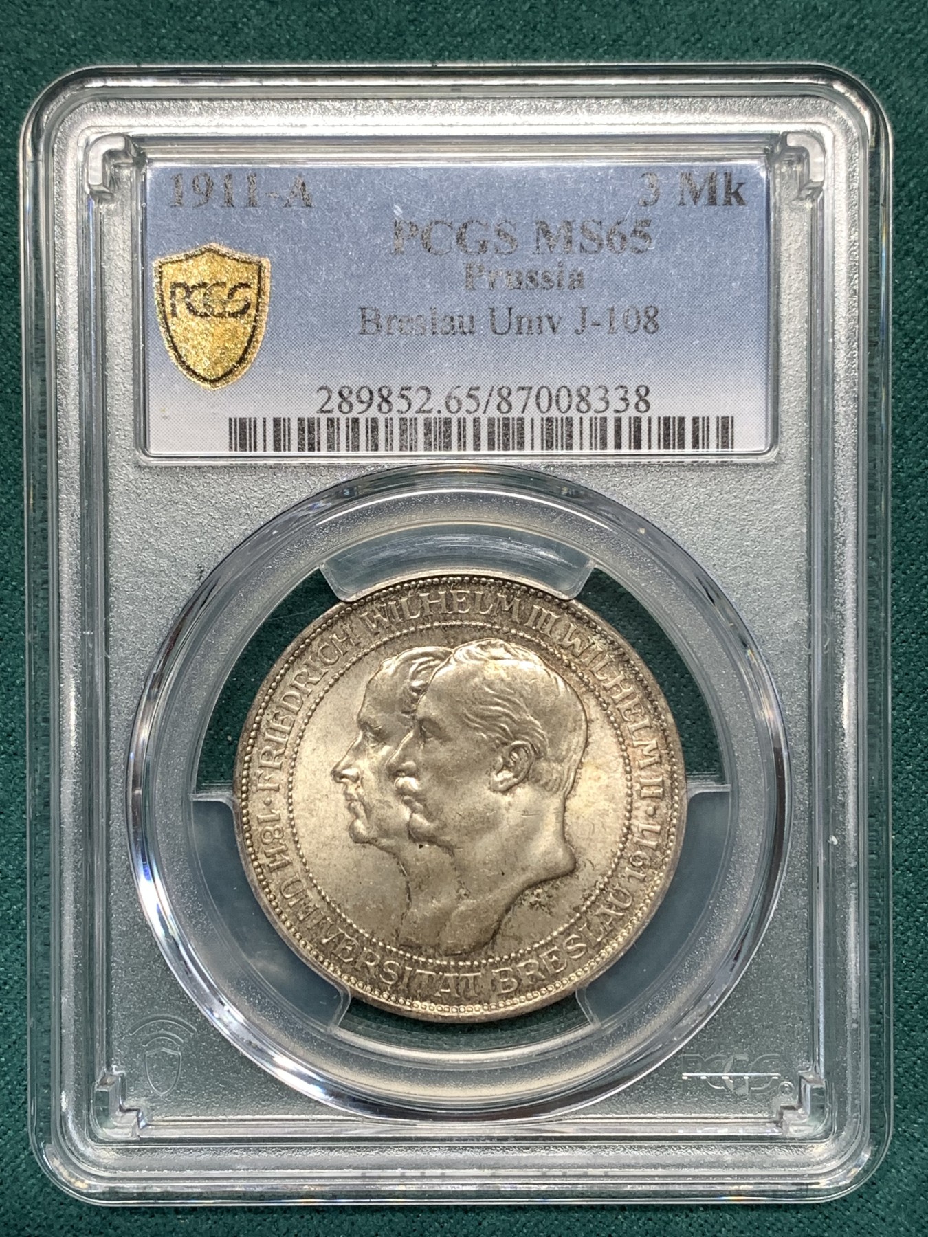 《竞宝斋》第186场-周日，周一 2场 (全场包邮) PCGS-MS65 德国普鲁士 1911年 布雷斯劳大学 3马克 高分仅十余枚