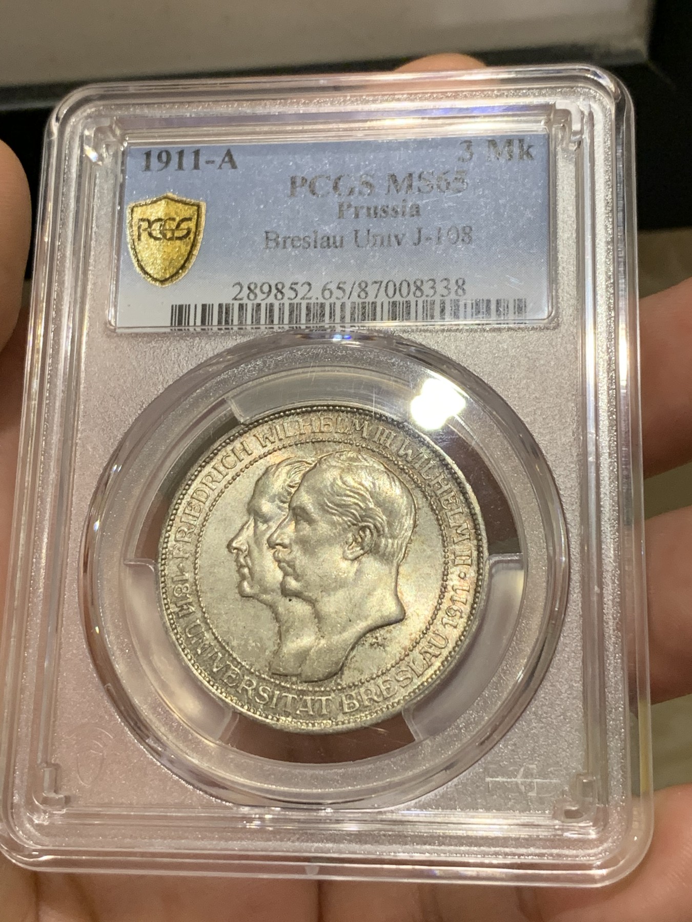 《竞宝斋》第186场-周日，周一 2场 (全场包邮) PCGS-MS65 德国普鲁士 1911年 布雷斯劳大学 3马克 高分仅十余枚