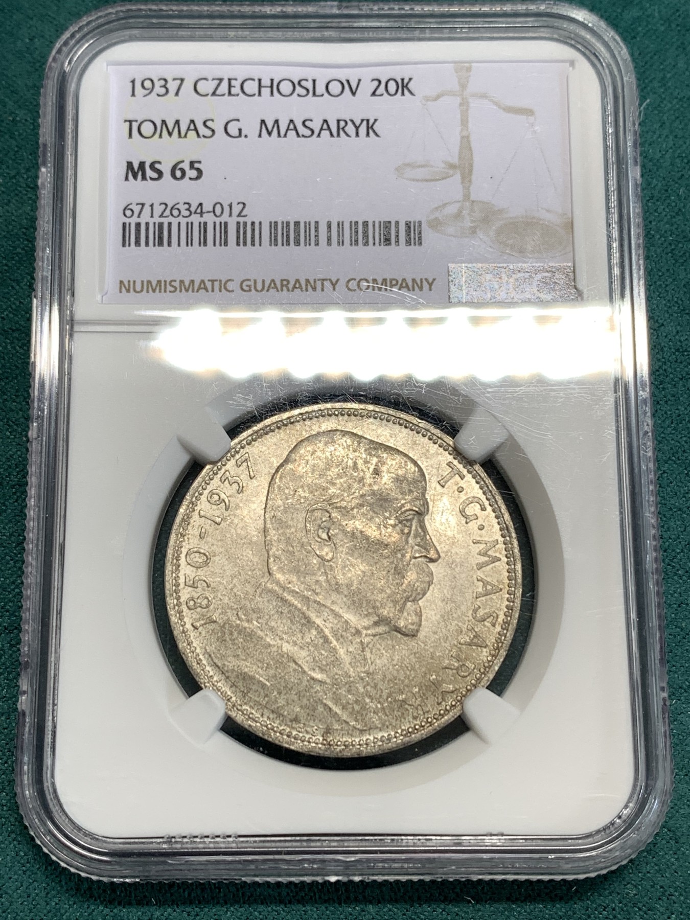 《竞宝斋》第186场-周日，周一 2场 (全场包邮) NGC MS65 1937捷克斯洛伐克 总统马萨里克20克朗银币 高分少见