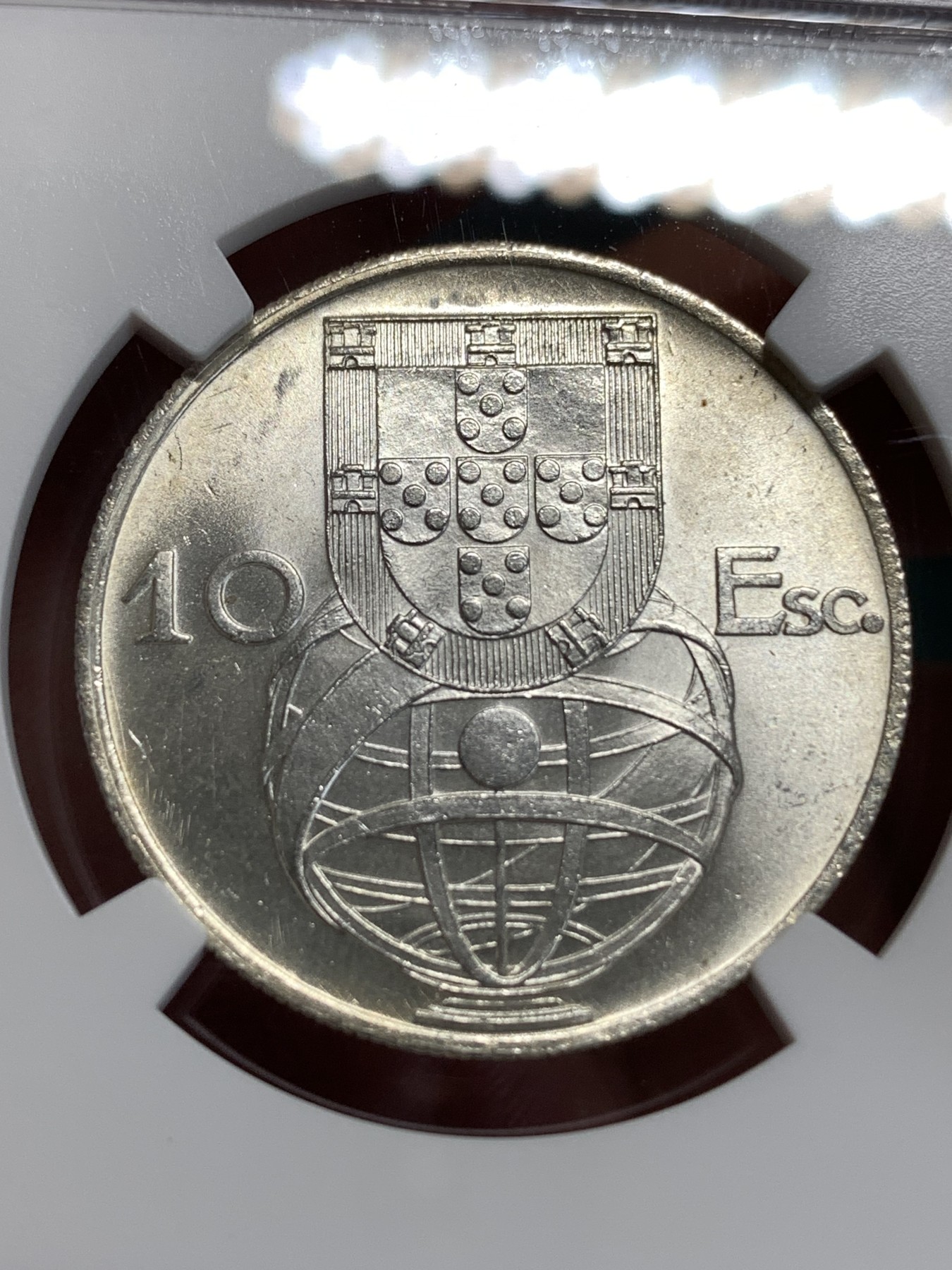 《竞宝斋》第186场-周日，周一 2场 (全场包邮) NGC MS63 葡萄牙 1955 10E 大帆船银币 淡彩包浆 漂亮的