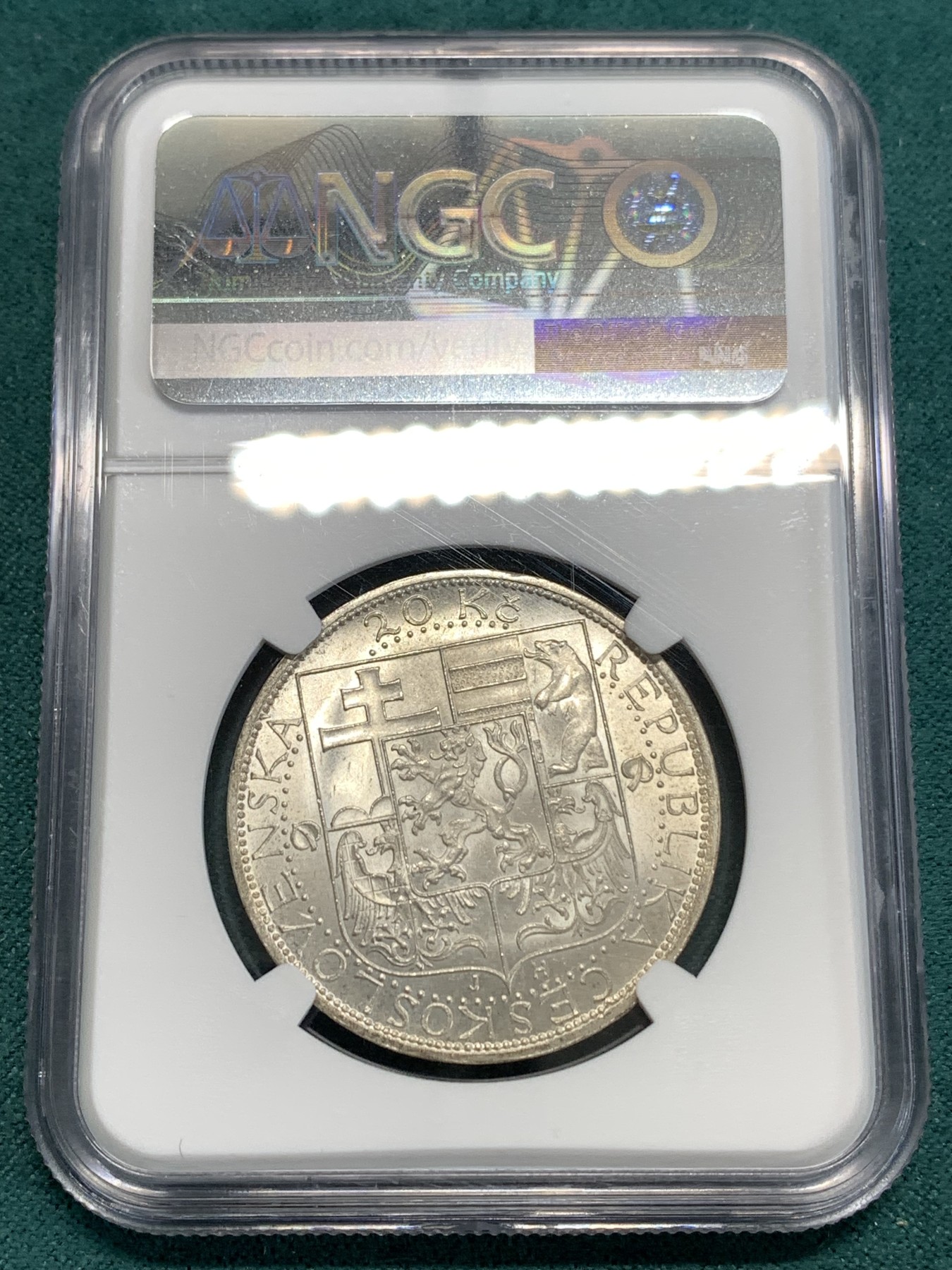 《竞宝斋》第186场-周日，周一 2场 (全场包邮) NGC MS65 1937捷克斯洛伐克 总统马萨里克20克朗银币 高分少见