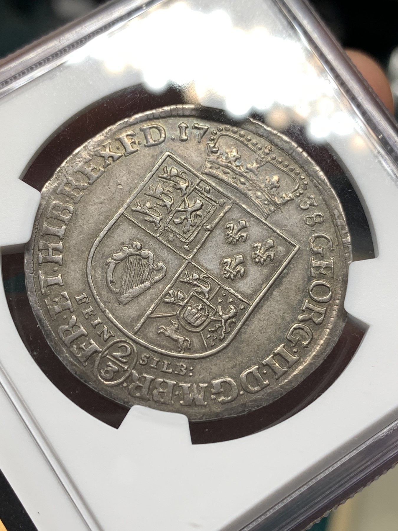 《竞宝斋》第186场-周日，周一 2场 (全场包邮) NGC-AU55 德国 1738 布伦瑞克 吕内堡野人 2/3泰勒 英王乔治二世兼领 带包浆 状态好