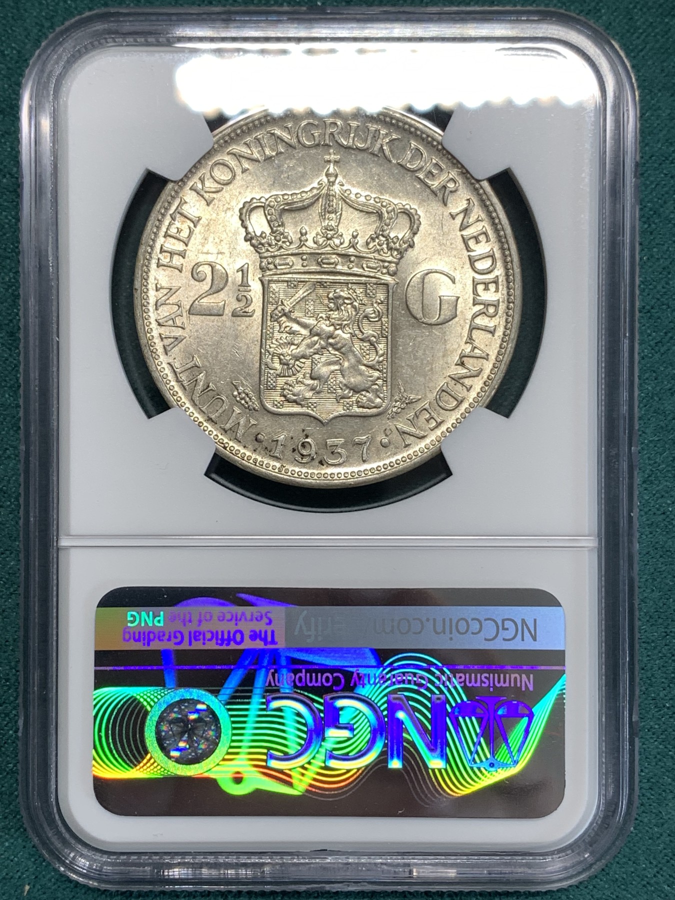 《竞宝斋》第186场-周日，周一 2场 (全场包邮) NGC MS61 荷兰1937年 威廉明娜 2.5盾 大银币 感觉分低了