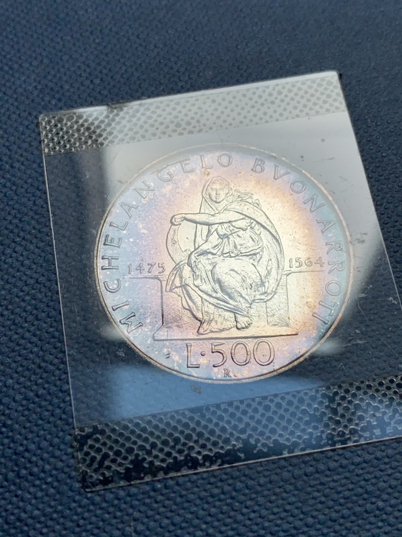 《竞宝斋》第186场-周日，周一 2场 (全场包邮) 卡装 意大利 1975年 米开朗基罗纪念 500里拉银币