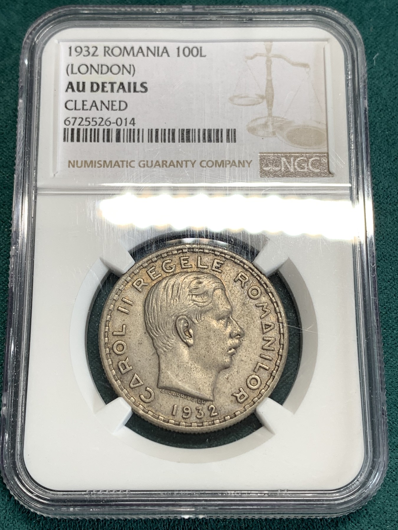 《竞宝斋》第186场-周日，周一 2场 (全场包邮) NGC AU 罗马尼亚 1932年 100L 银币 不多见
