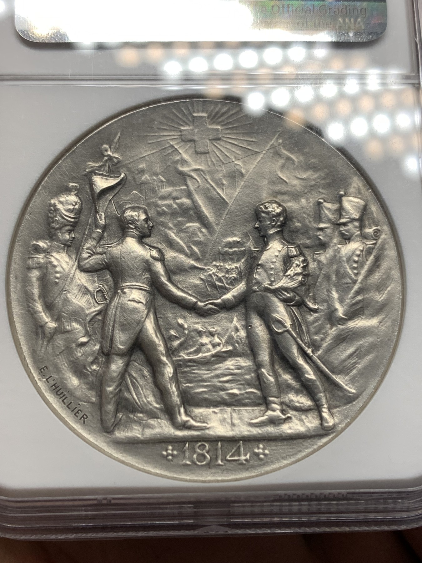 《竞宝斋》第186场-周日，周一 2场 (全场包邮) NGC-MS62 瑞士 1914年 日内瓦射击节 45mm 大银章 设计漂亮 细节满满