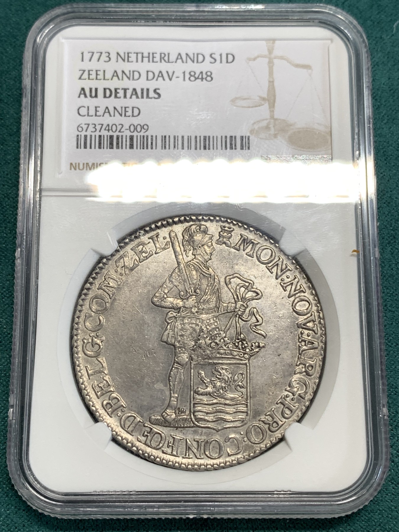 《竞宝斋》第186场-周日，周一 2场 (全场包邮) NGC AU 荷兰 泽兰省1773年1杜卡特武士银币 打制的很不错