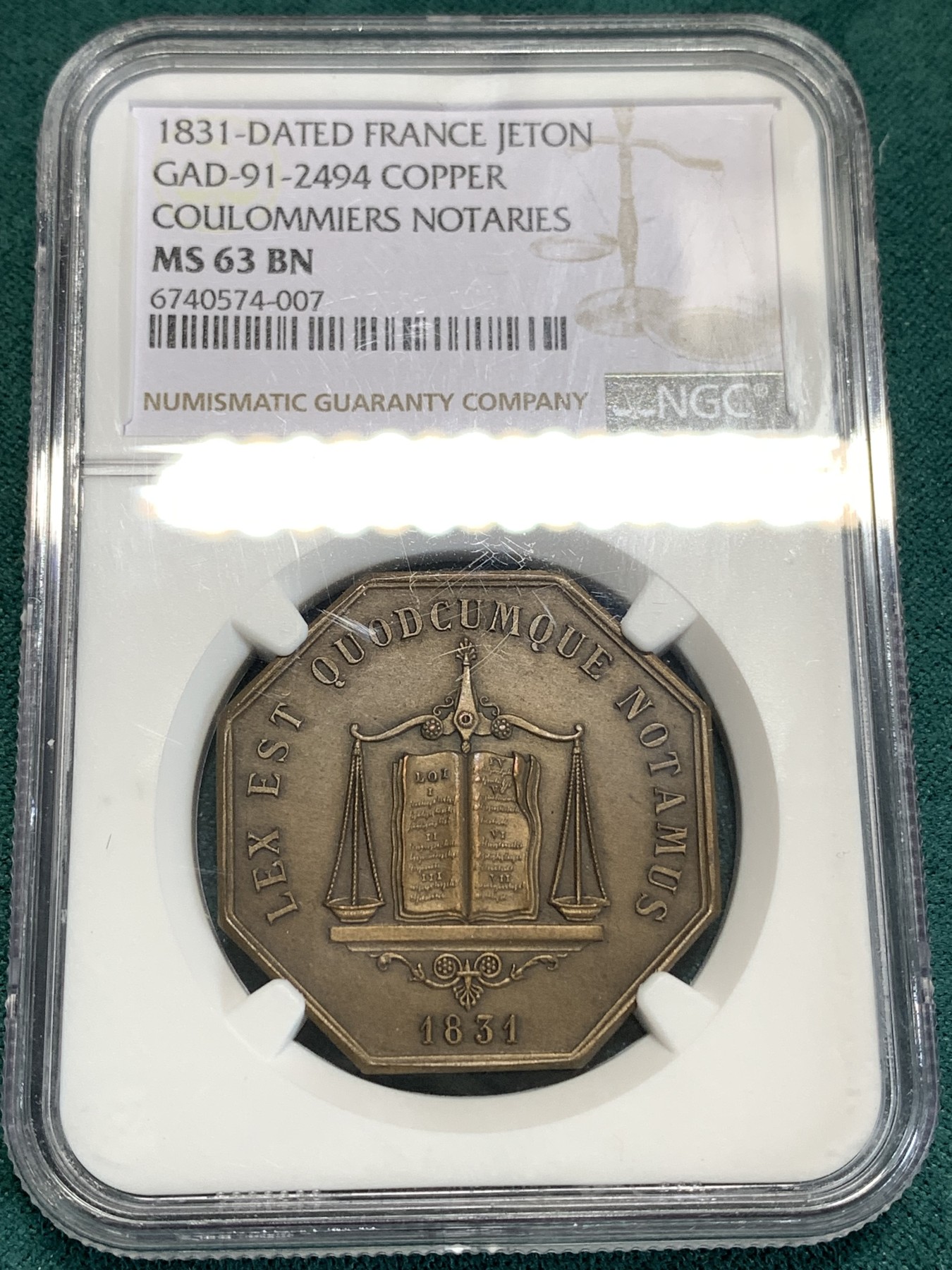 《竞宝斋》第186场-周日，周一 2场 (全场包邮) NGC-MS63BN 1831 塞纳河马恩省公证处八角铜章罕见版本，老铜八角高分、带天秤图案