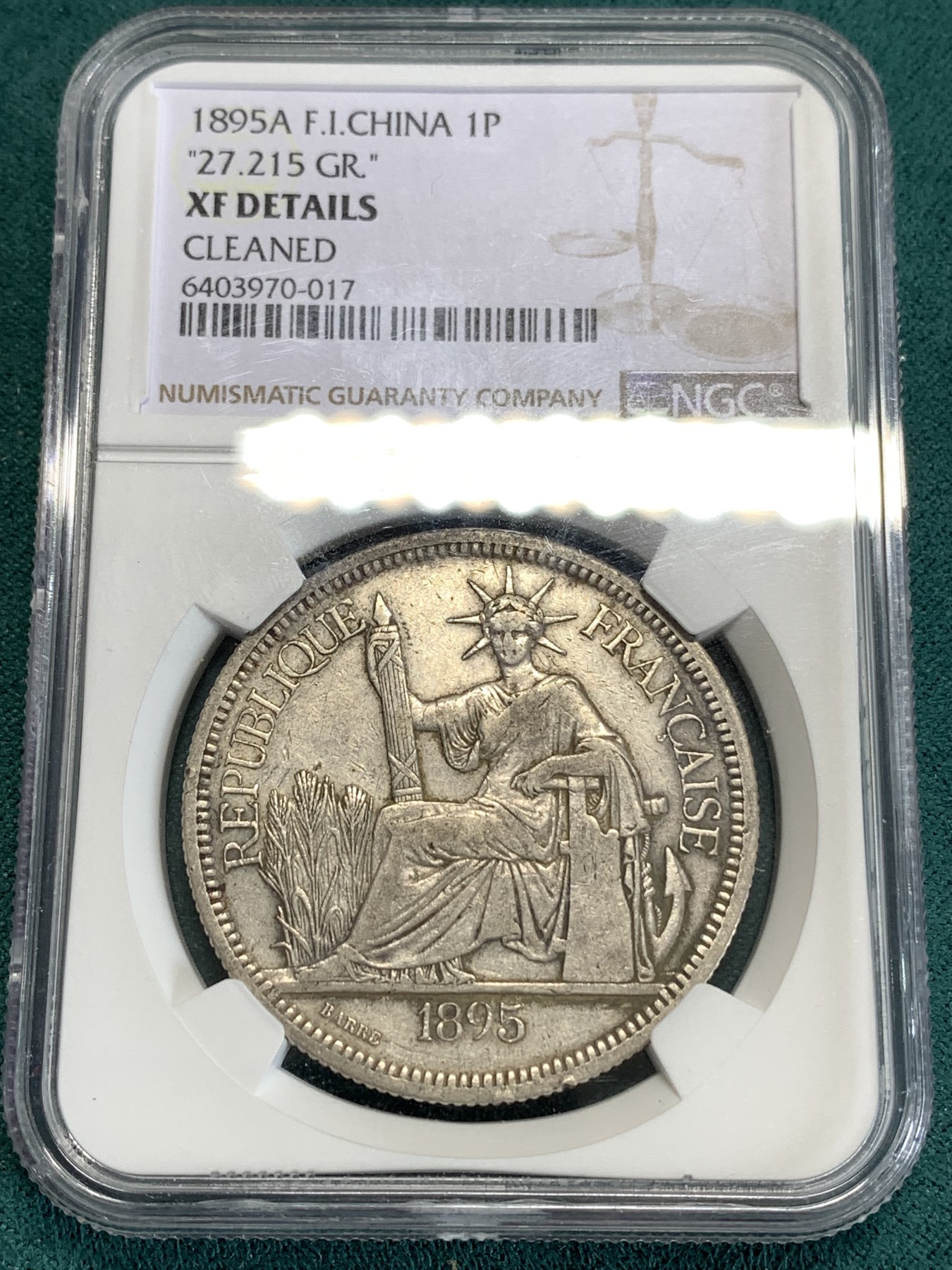 《竞宝斋》第186场-周日，周一 2场 (全场包邮) NGC-XF  法属印支 坐洋加重版 1895 1皮亚斯特 坐人银币