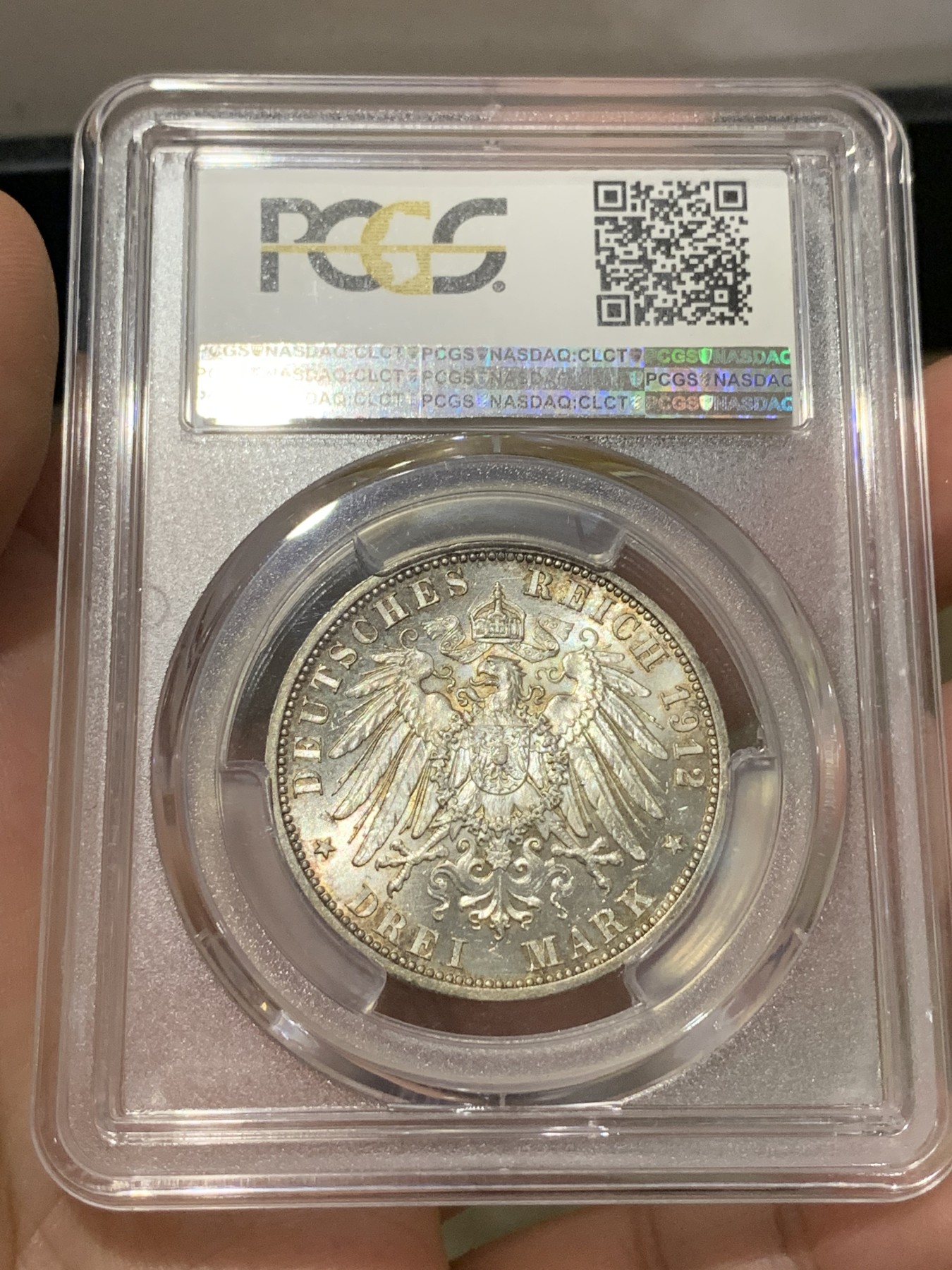《竞宝斋》第186场-周日，周一 2场 (全场包邮) PCGS-MS63 德国普鲁士 1912年 威廉二世3马克 超炫转光