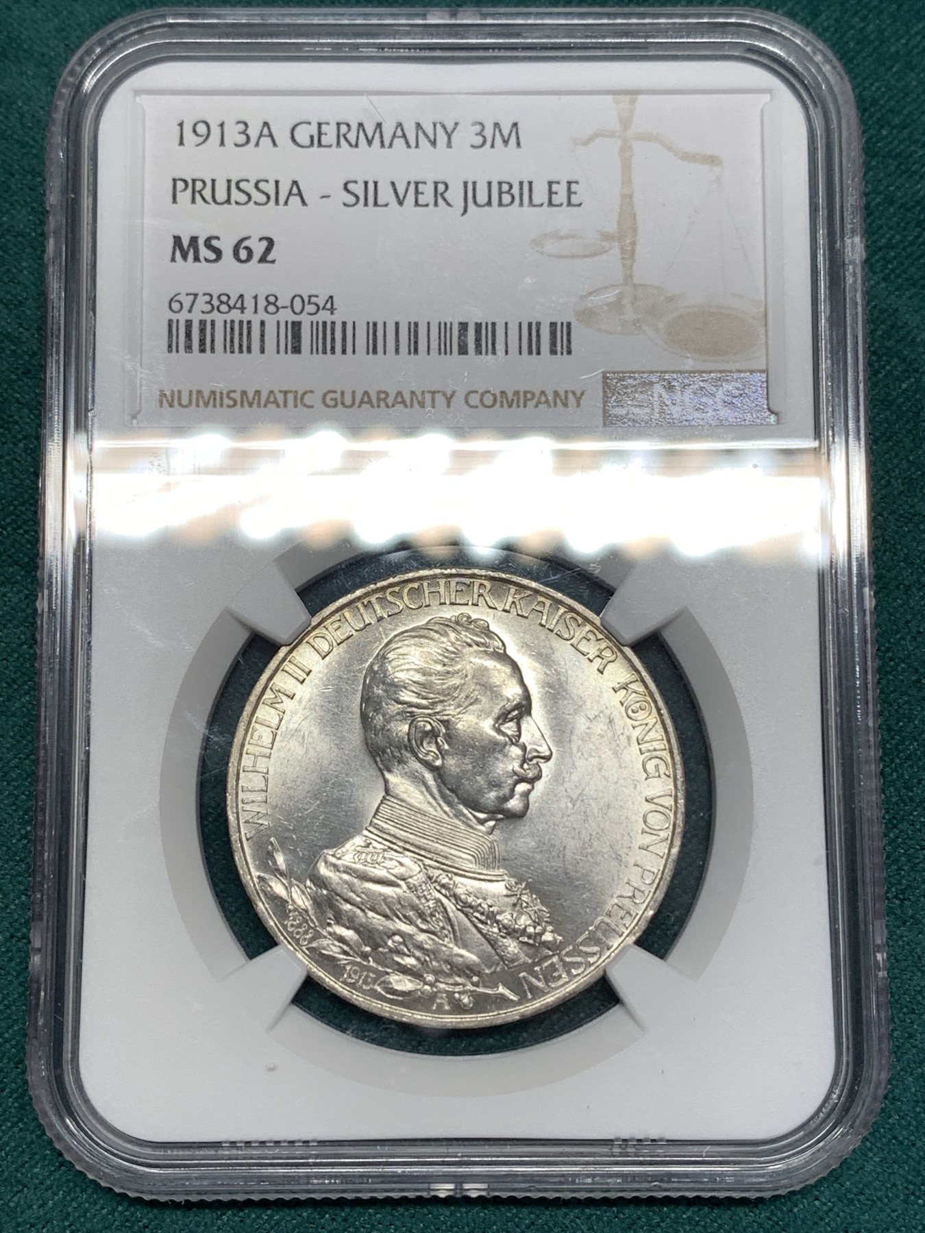 《竞宝斋》第186场-周日，周一 2场 (全场包邮) NGC-MS62 德国1913年 普鲁士 威廉二世登基25周年纪念3马克银币，转光极强