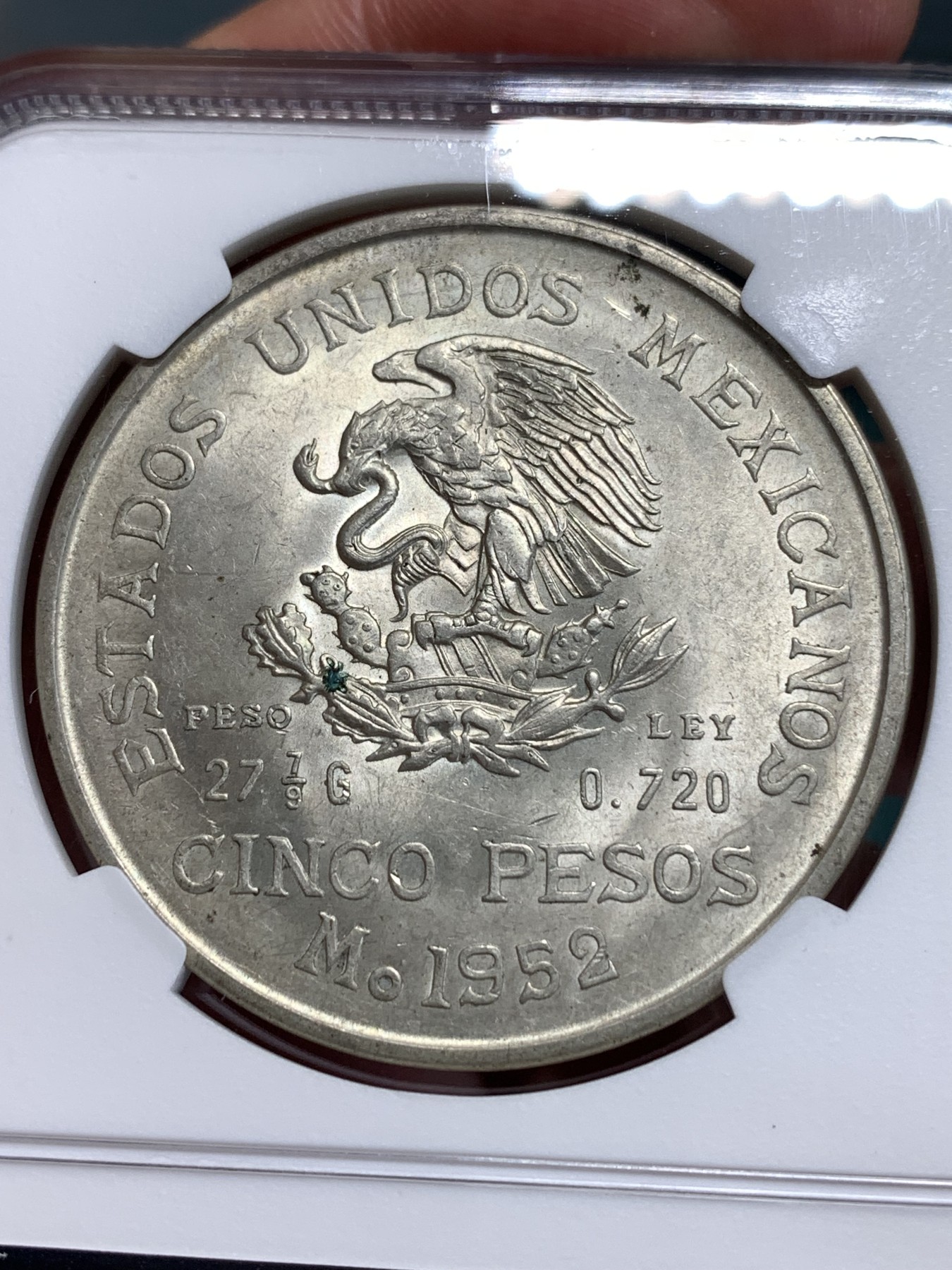 《竞宝斋》第186场-周日，周一 2场 (全场包邮) NGC-MS63 墨西哥1952年 5比索大银币 难得63分 好品太少了