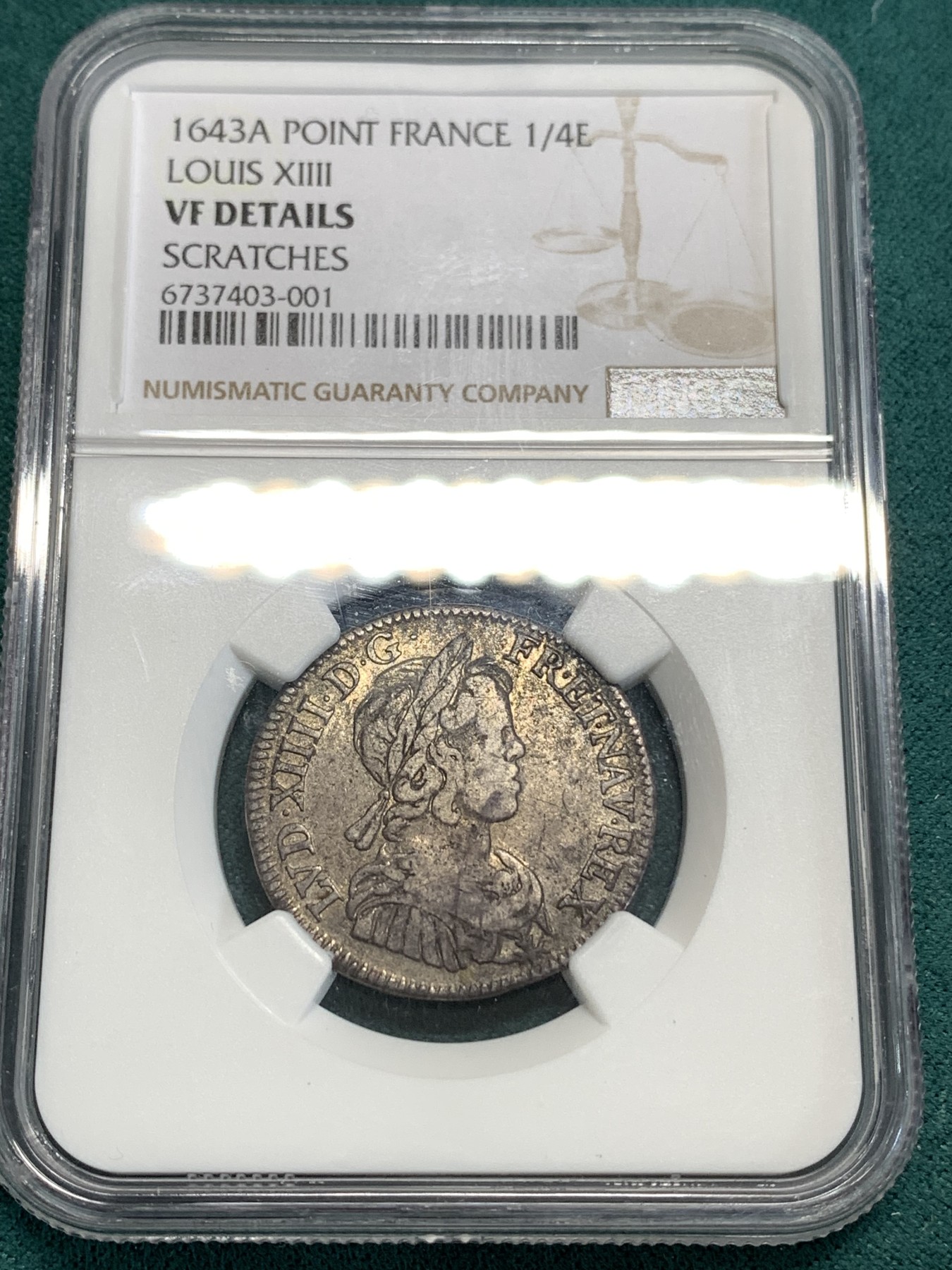 《竞宝斋》第186场-周日，周一 2场 (全场包邮) NGC VF 法国路易十四1643 首年版1/4埃居银币 极少见