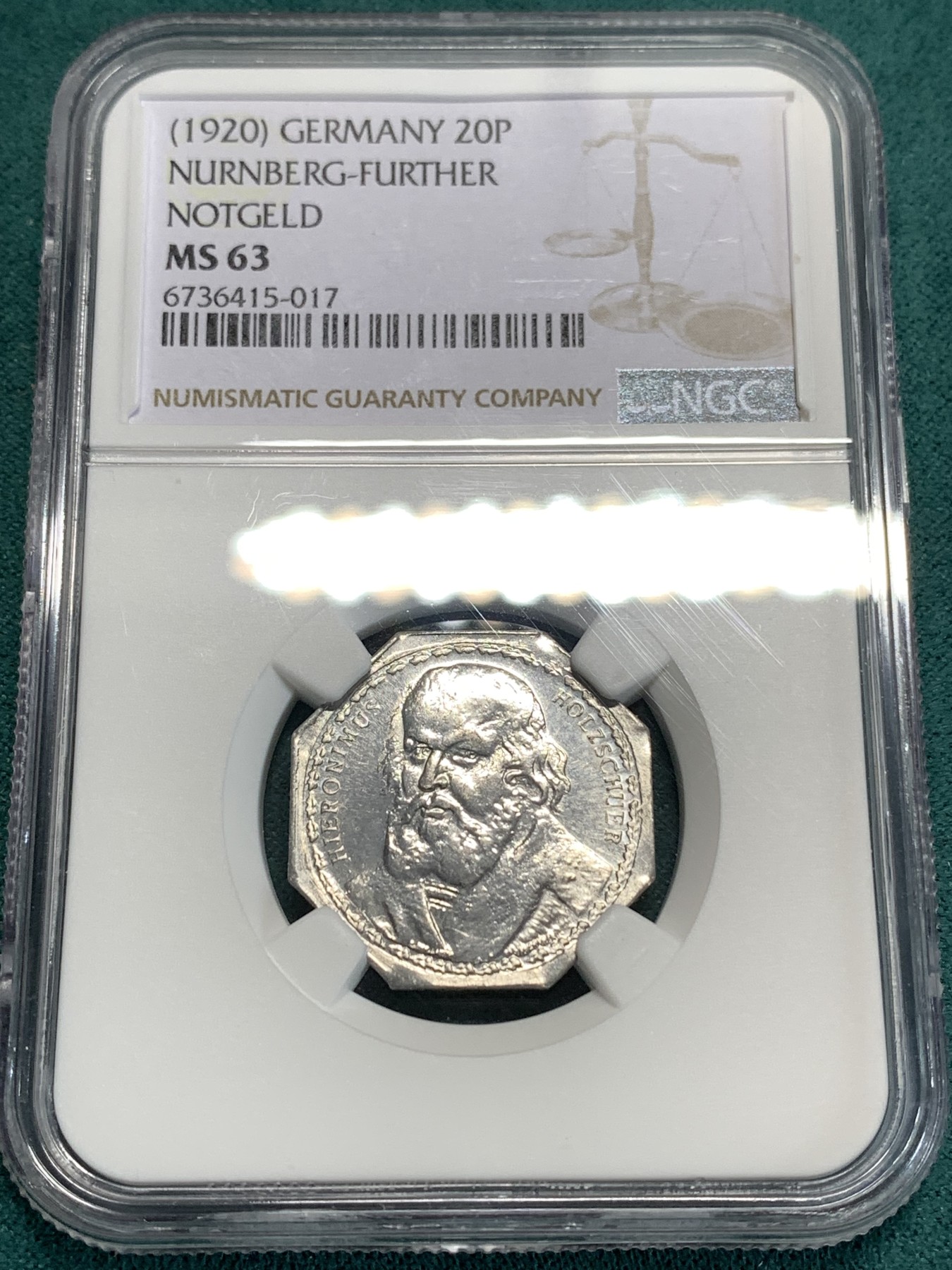 《竞宝斋》第186场-周日，周一 2场 (全场包邮) NGC MS63 德国1920纽伦堡20P紧急状态币 高分 人像好