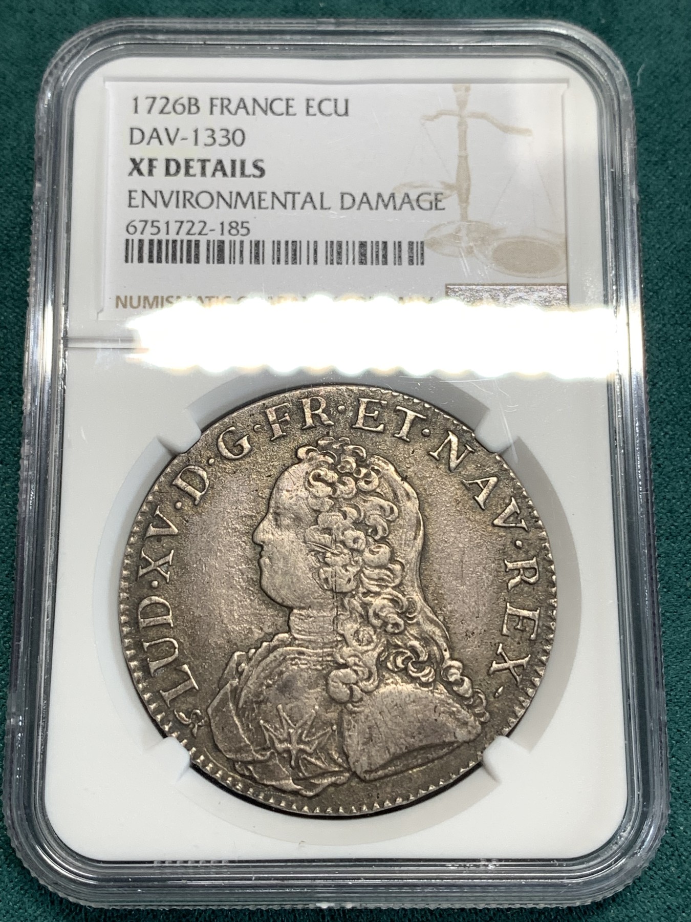 《竞宝斋》第186场-周日，周一 2场 (全场包邮) NGC XF 法国 1726年 路易十五 埃居大银币 双面深打极为少见 包浆太厚了，细节见图