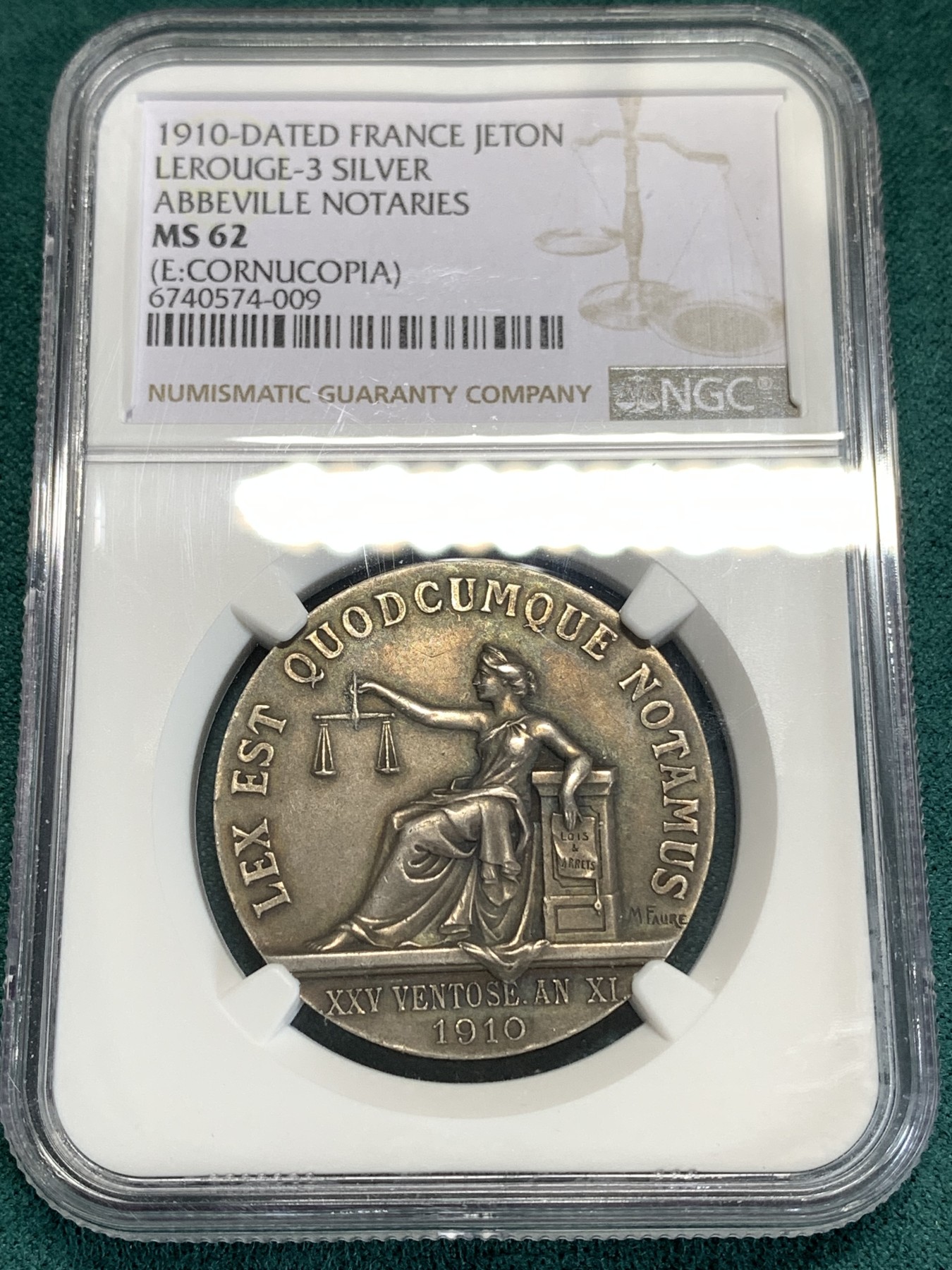 《竞宝斋》第186场-周日，周一 2场 (全场包邮) NGC-MS62 法国1910 阿贝维尔区公证处圆形银质代币 少见品种、深棕包浆背面带天秤图案