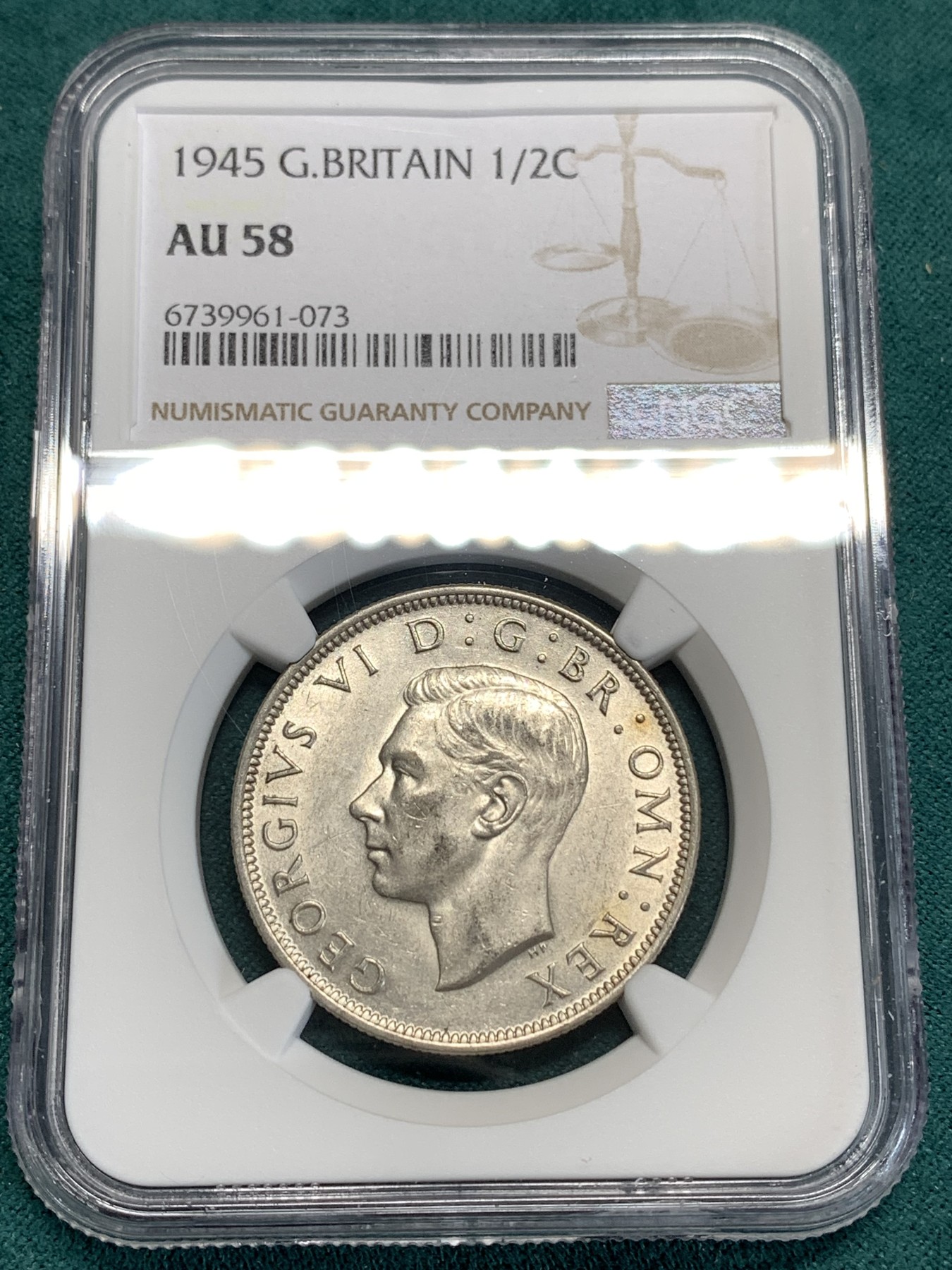 《竞宝斋》第186场-周日，周一 2场 (全场包邮) NGC AU58 英国 1945年 乔治六世 半克朗银币 保存的不错