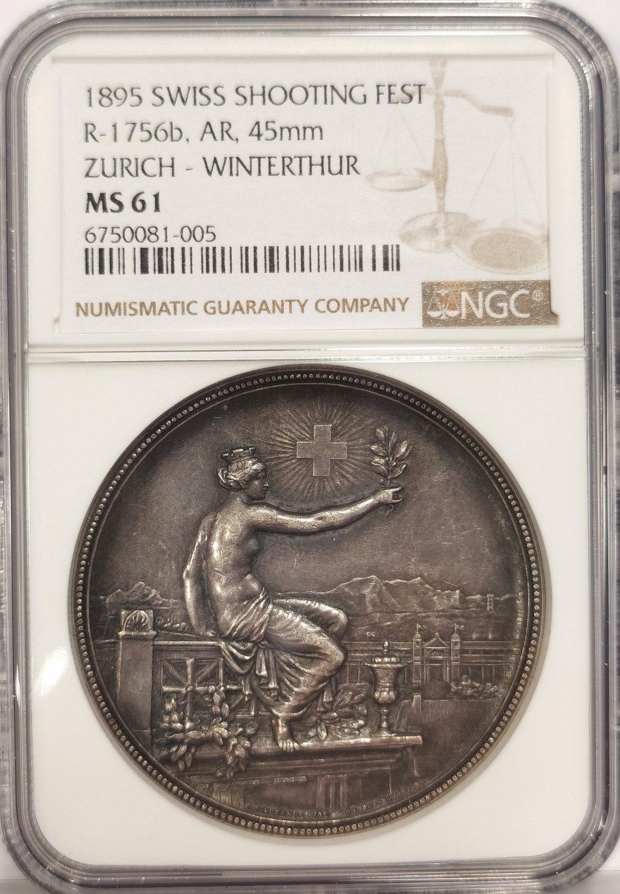 博洋堂世界钱币拍卖第037期（全场包邮） NGC MS61 1895年瑞士温特图尔射击节银章 原包浆状态非常棒