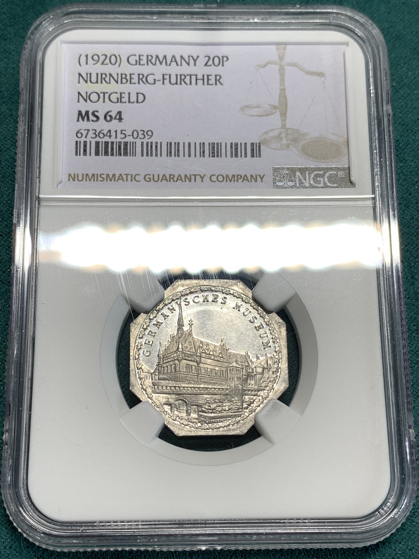 《竞宝斋》第186场-周日，周一 2场 (全场包邮) NGC MS64 德国1920纽伦堡20P紧急状态币