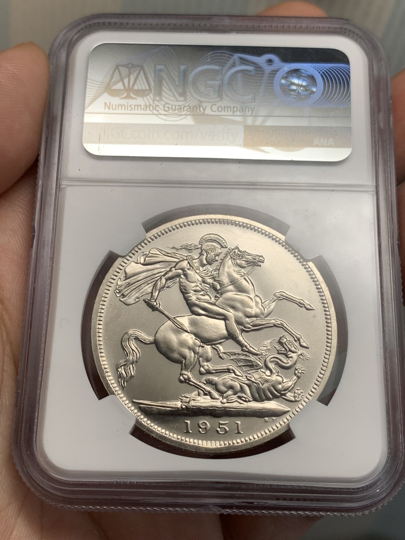 《竞宝斋》第186场-周日，周一 2场 (全场包邮) NGC-PL63 英国 1951年 1克朗 乔治六世 最后的马剑 镜面底板 品相好 非常靓