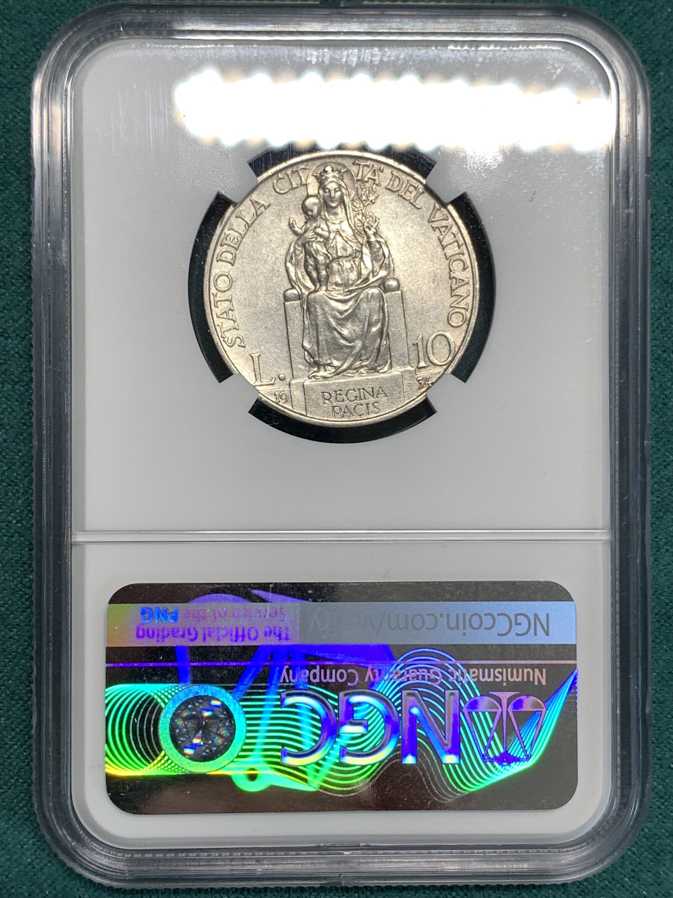 《竞宝斋》第186场-周日，周一 2场 (全场包邮) NGC-AUD 1934年梵蒂冈早期10里拉银币，少见年份非常见1930版