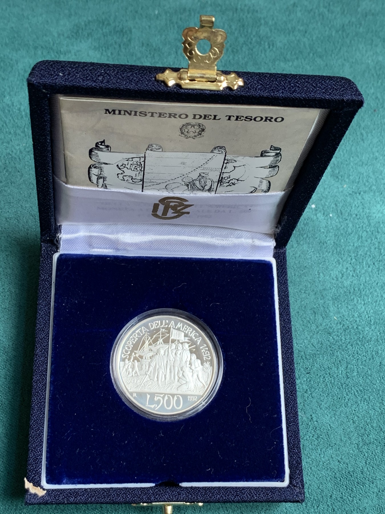 《竞宝斋》第186场-周日，周一 2场 (全场包邮) 原盒证书意大利1992年500里 拉哥伦布发现美洲纪念精制银币