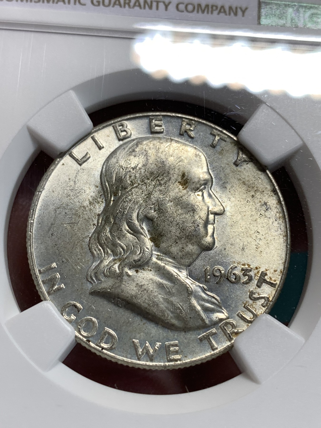 《竞宝斋》第186场-周日，周一 2场 (全场包邮) NGC MS65 1963年D版美国富兰克林50分，普制版本上65分很难得