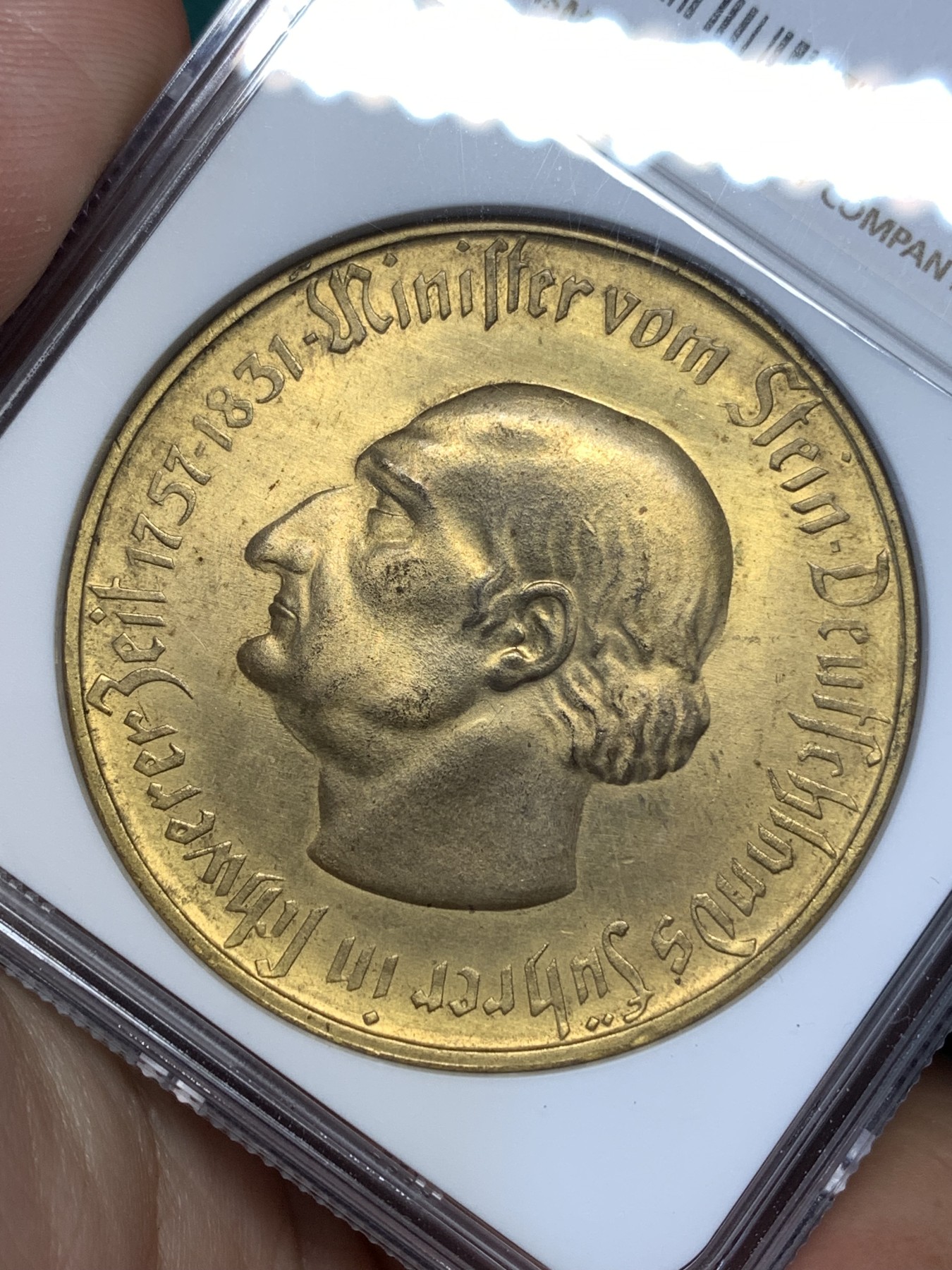 《竞宝斋》第186场-周日，周一 2场 (全场包邮) NGC-MS65 德国威斯特伐利亚1923年10000马克镀金大马币