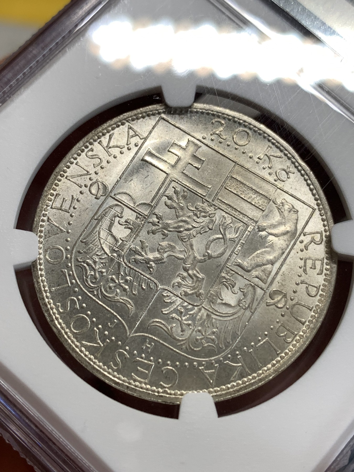 《竞宝斋》第186场-周日，周一 2场 (全场包邮) NGC MS65 1937捷克斯洛伐克 总统马萨里克20克朗银币 高分少见