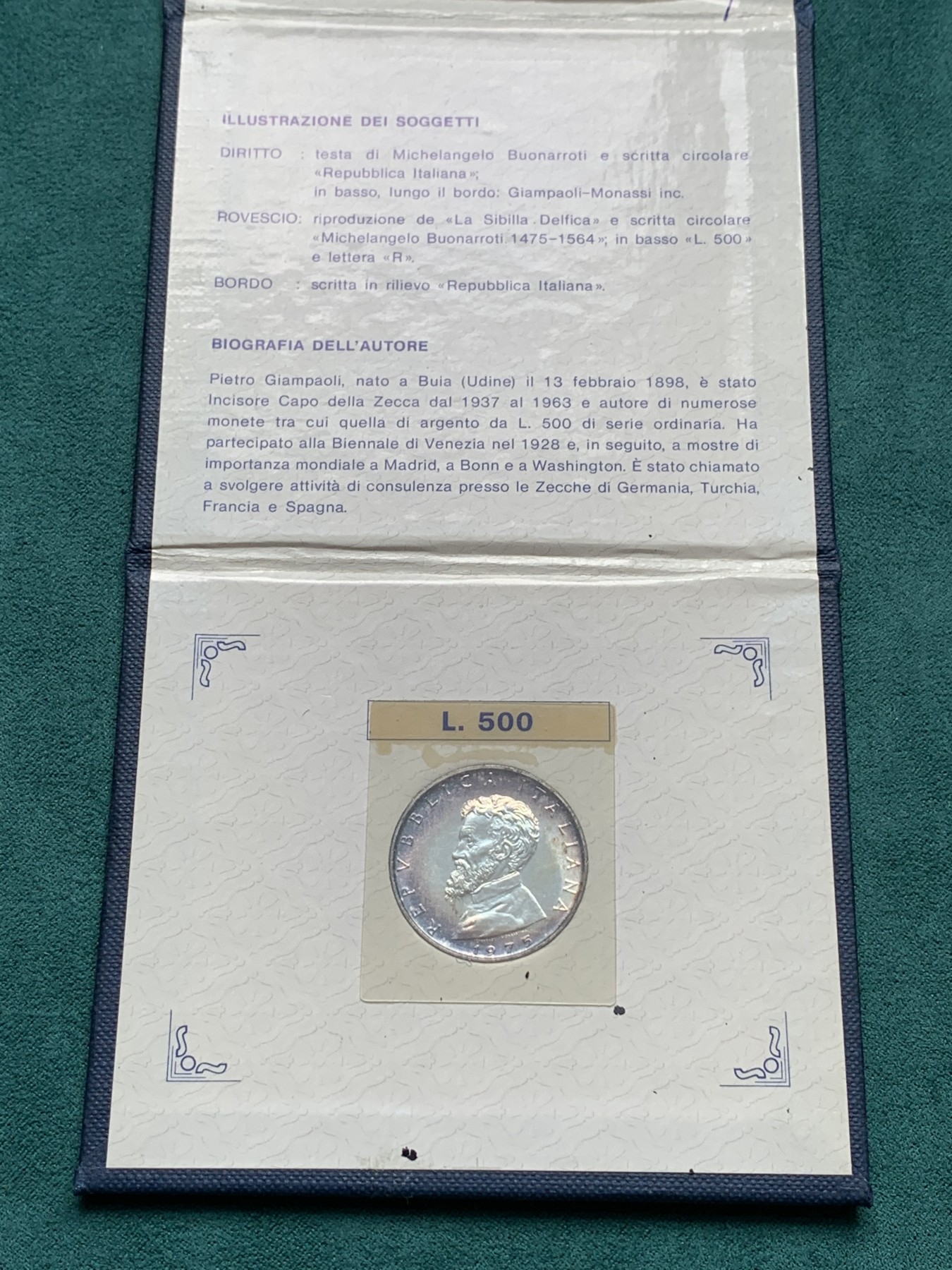 《竞宝斋》第186场-周日，周一 2场 (全场包邮) 卡装 意大利 1975年 米开朗基罗纪念 500里拉银币