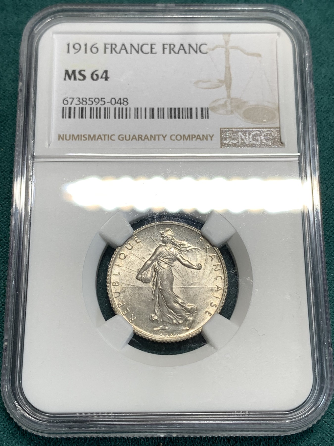 《竞宝斋》第186场-周日，周一 2场 (全场包邮) NGC MS64 法国 1916年 播种女神1法郎银币 转光好品