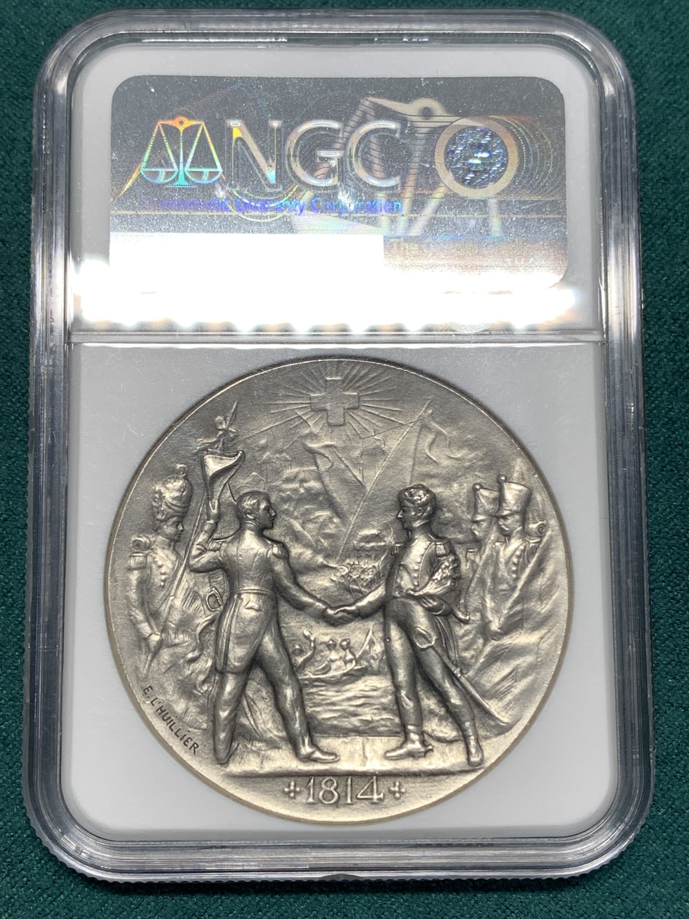 《竞宝斋》第186场-周日，周一 2场 (全场包邮) NGC-MS62 瑞士 1914年 日内瓦射击节 45mm 大银章 设计漂亮 细节满满