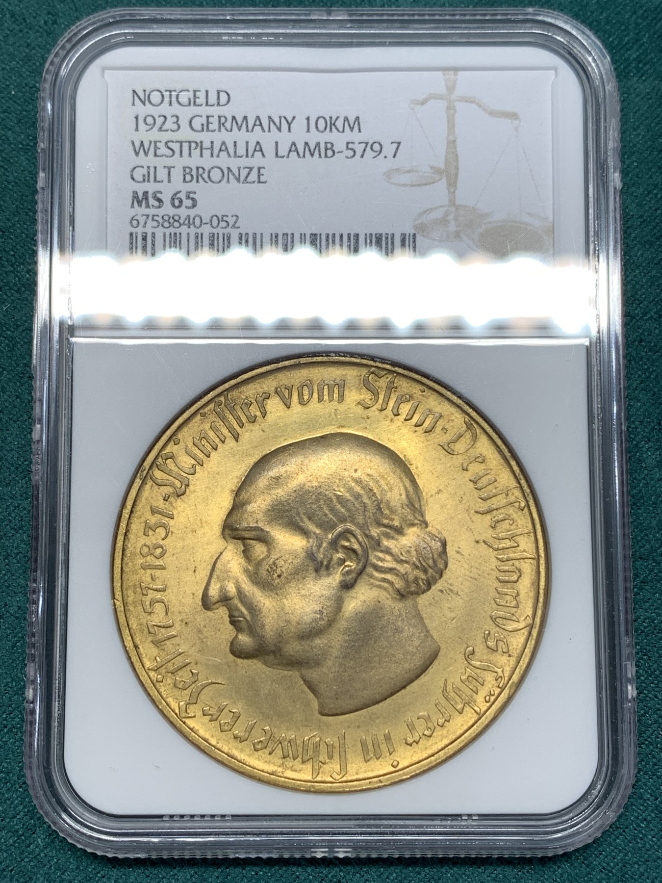 《竞宝斋》第186场-周日，周一 2场 (全场包邮) NGC-MS65 德国威斯特伐利亚1923年10000马克镀金大马币