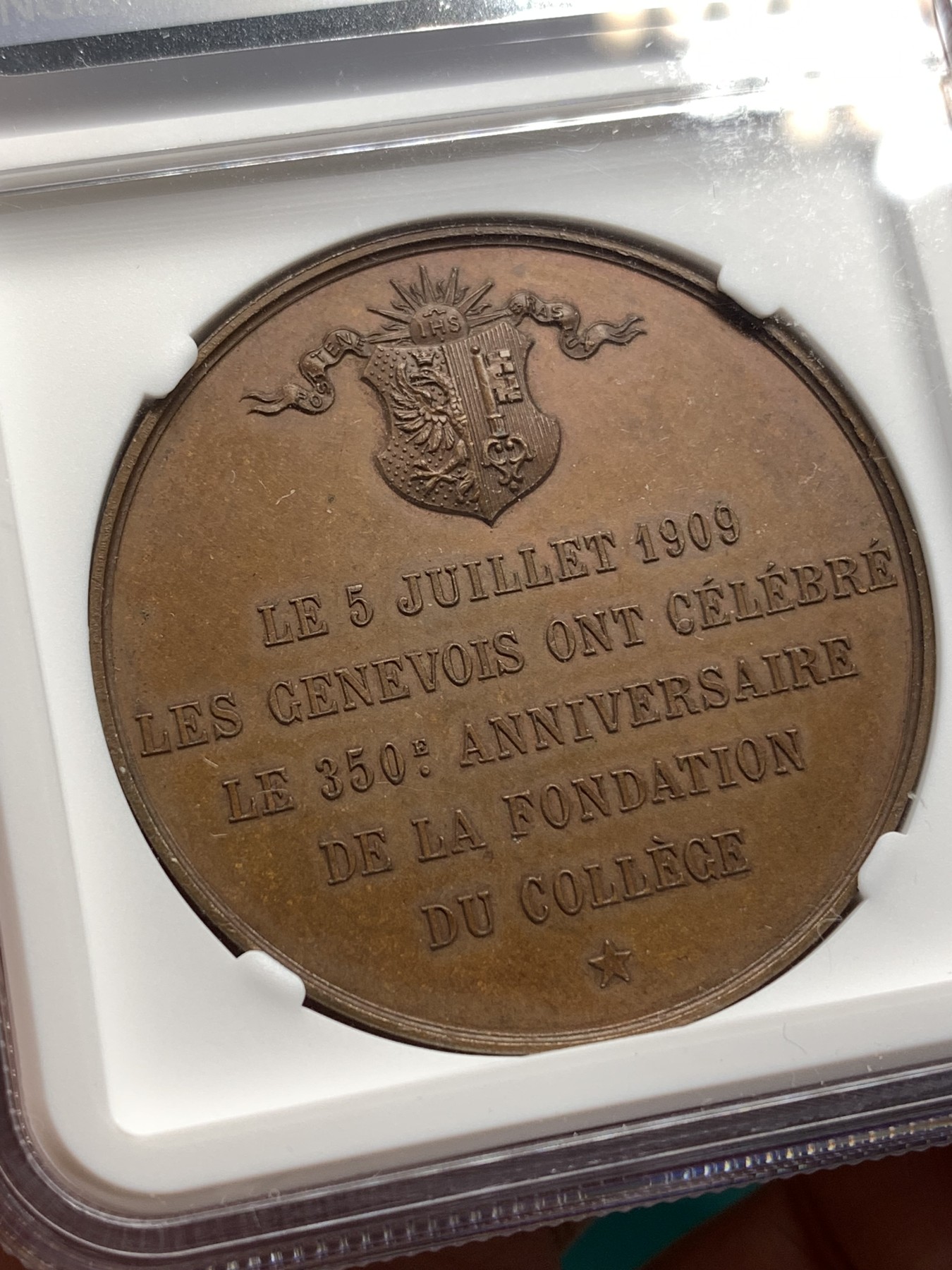 《竞宝斋》第186场-周日，周一 2场 (全场包邮) NGC MS63 瑞士  1909 日内瓦文学奖 大铜章 细节好加厚盒子