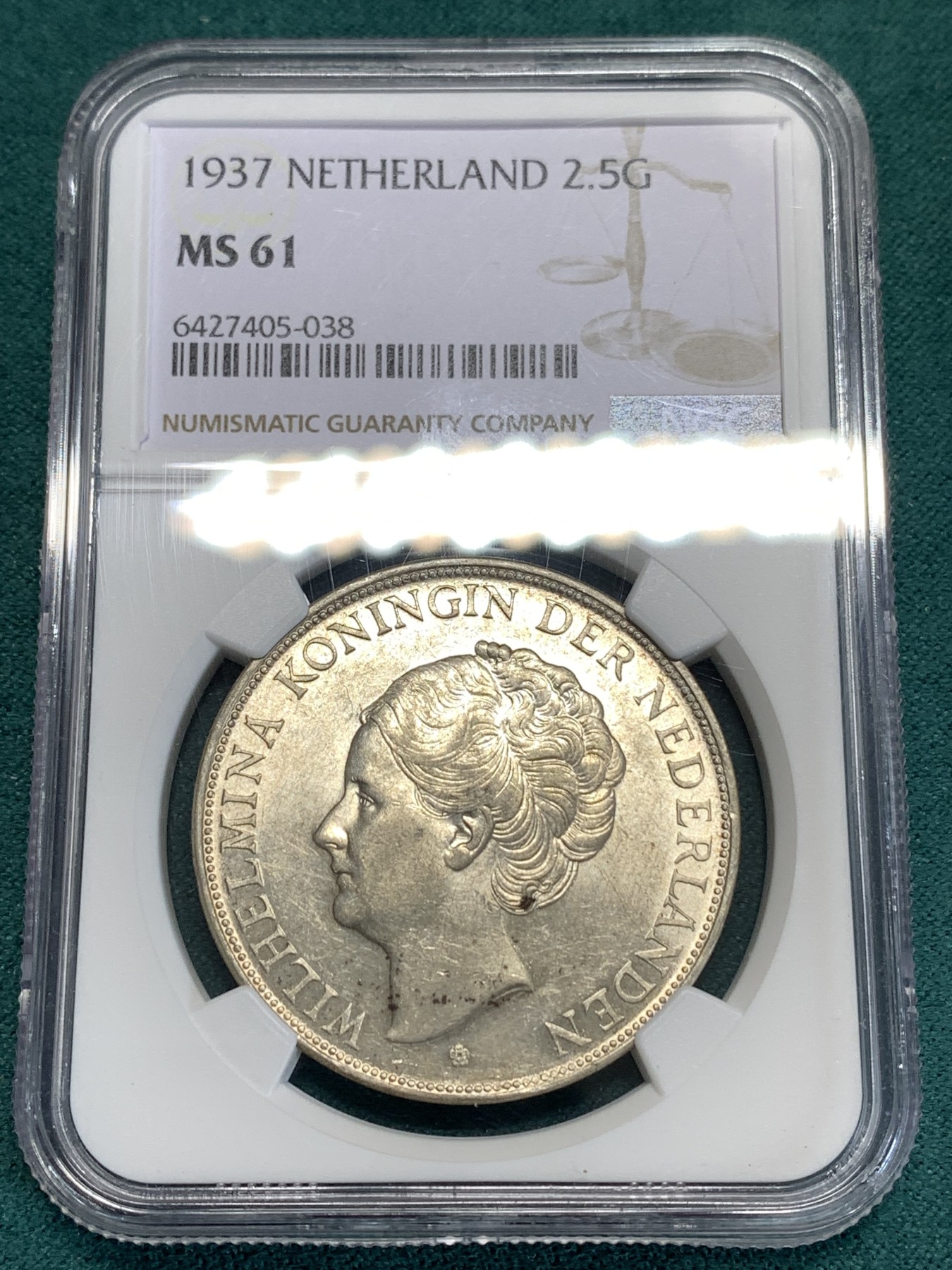 《竞宝斋》第186场-周日，周一 2场 (全场包邮) NGC MS61 荷兰1937年 威廉明娜 2.5盾 大银币 感觉分低了