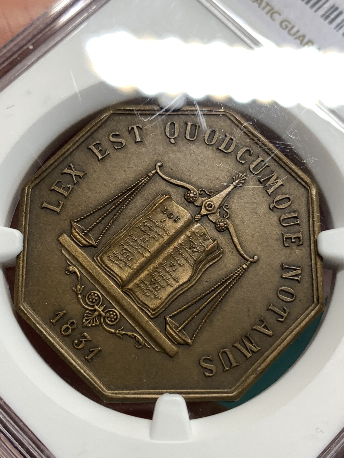 《竞宝斋》第186场-周日，周一 2场 (全场包邮) NGC-MS63BN 1831 塞纳河马恩省公证处八角铜章罕见版本，老铜八角高分、带天秤图案