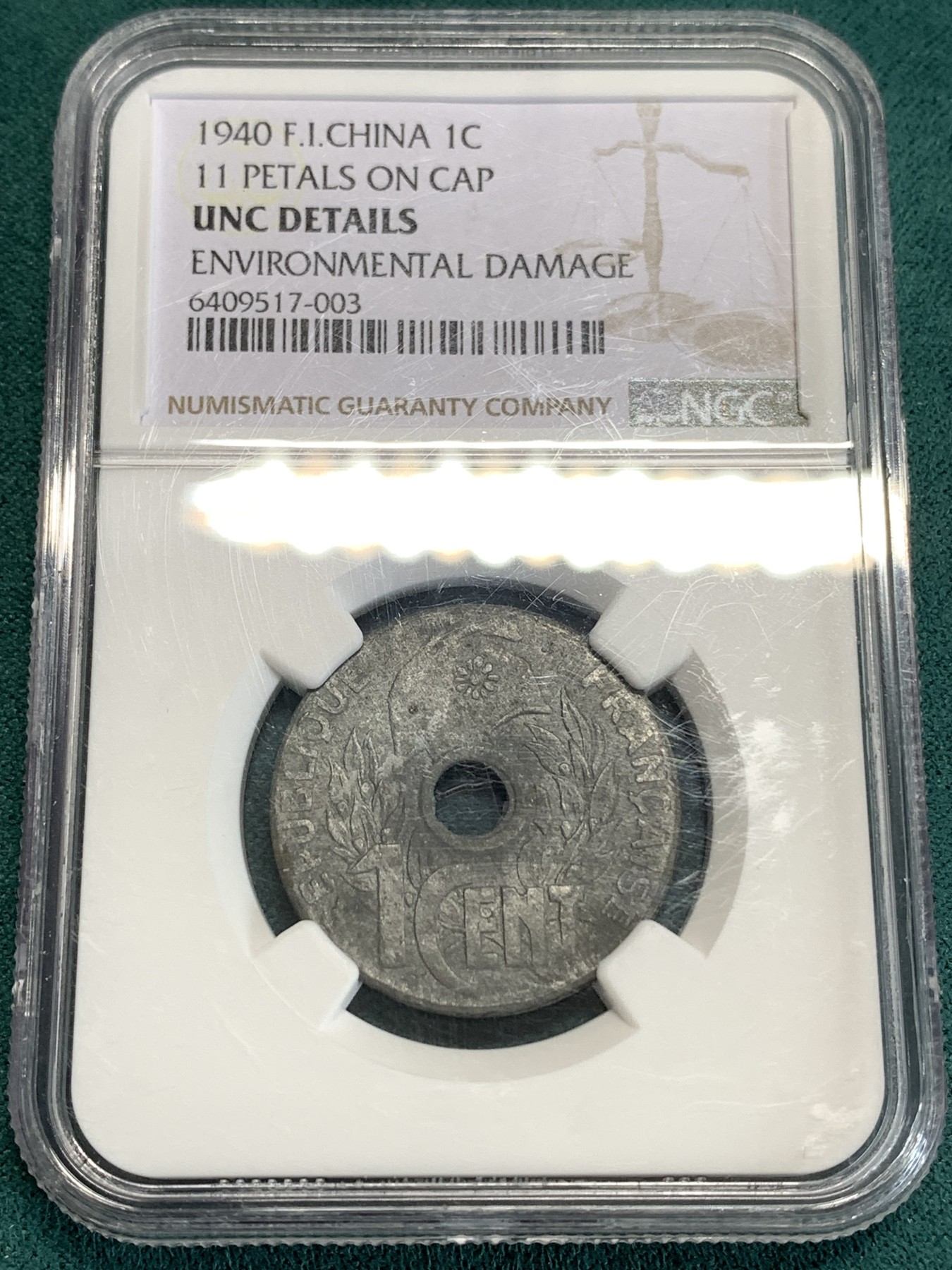 《竞宝斋》第186场-周日，周一 2场 (全场包邮) NGC UNC 法属印支1940年1分锌币