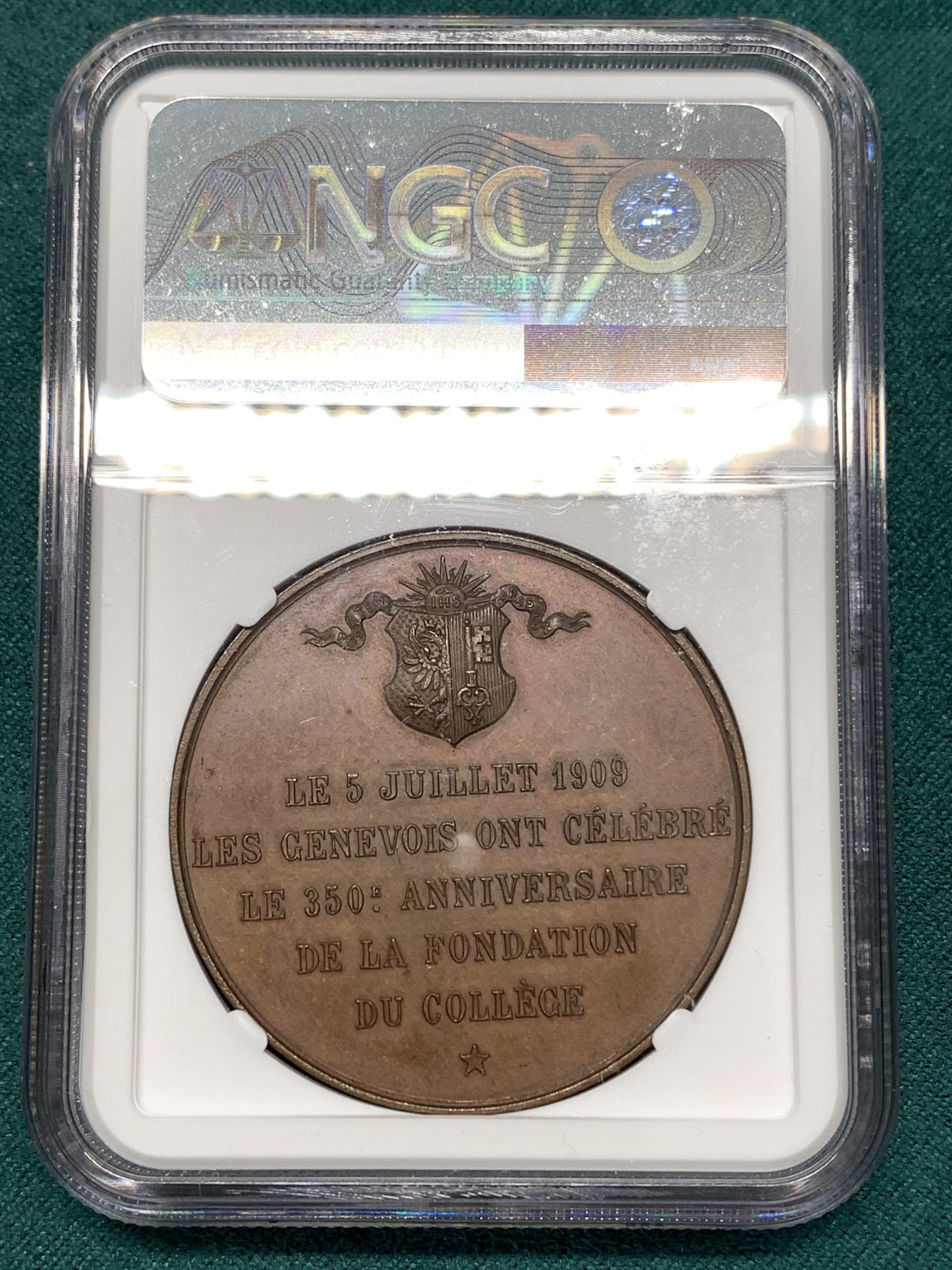 《竞宝斋》第186场-周日，周一 2场 (全场包邮) NGC MS63 瑞士  1909 日内瓦文学奖 大铜章 细节好加厚盒子