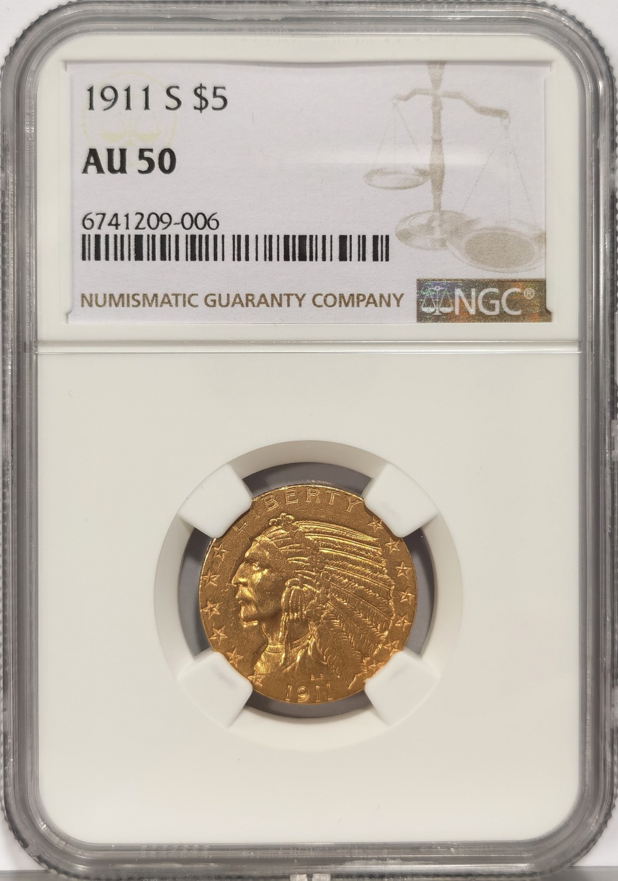 博洋堂世界钱币拍卖第037期（全场包邮） NGC AU50 美国1911年印第安酋长5美元金币，设计精美，裸币都要5000多的稀有金币