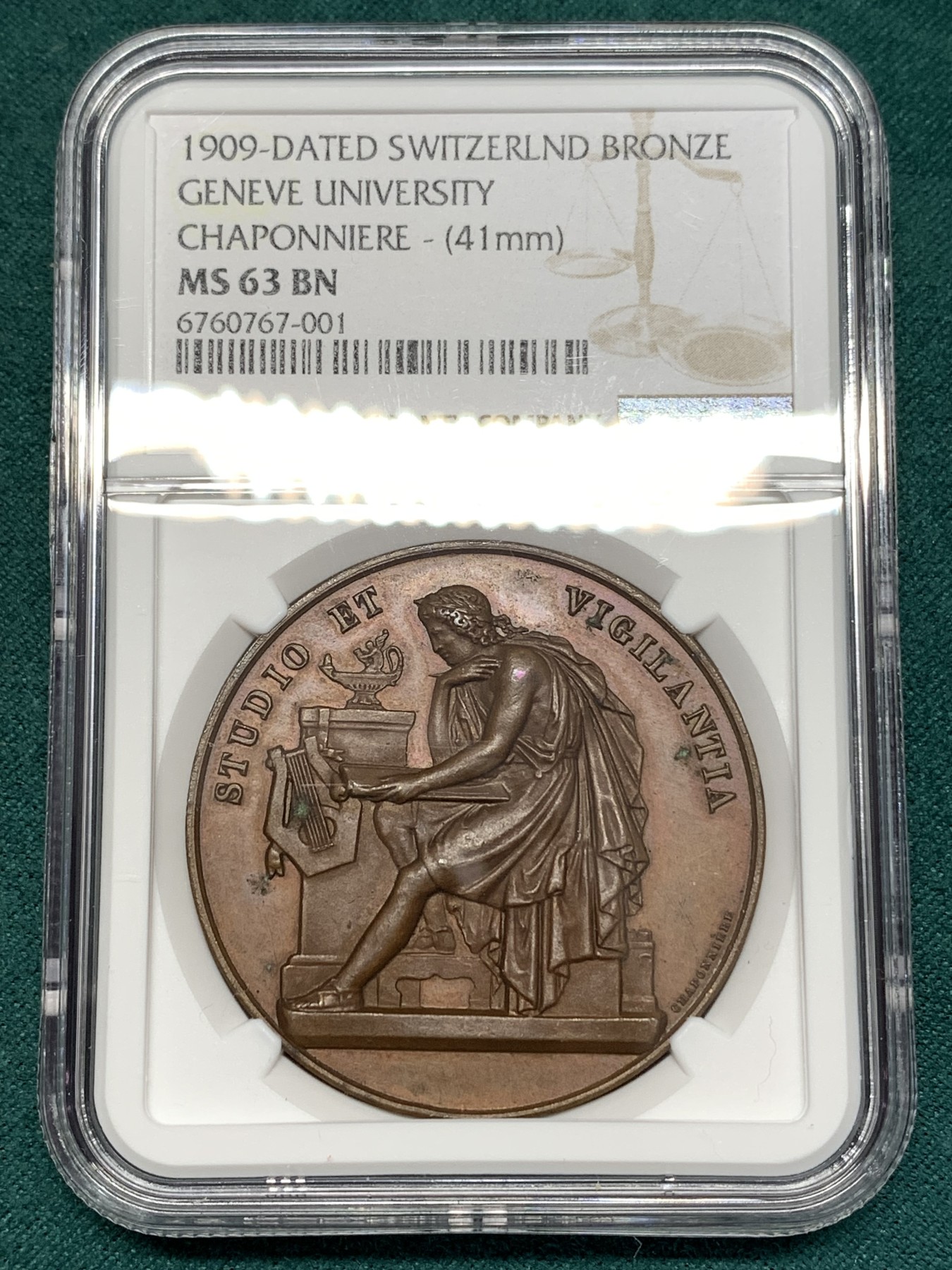 《竞宝斋》第186场-周日，周一 2场 (全场包邮) NGC MS63 瑞士  1909 日内瓦文学奖 大铜章 细节好加厚盒子