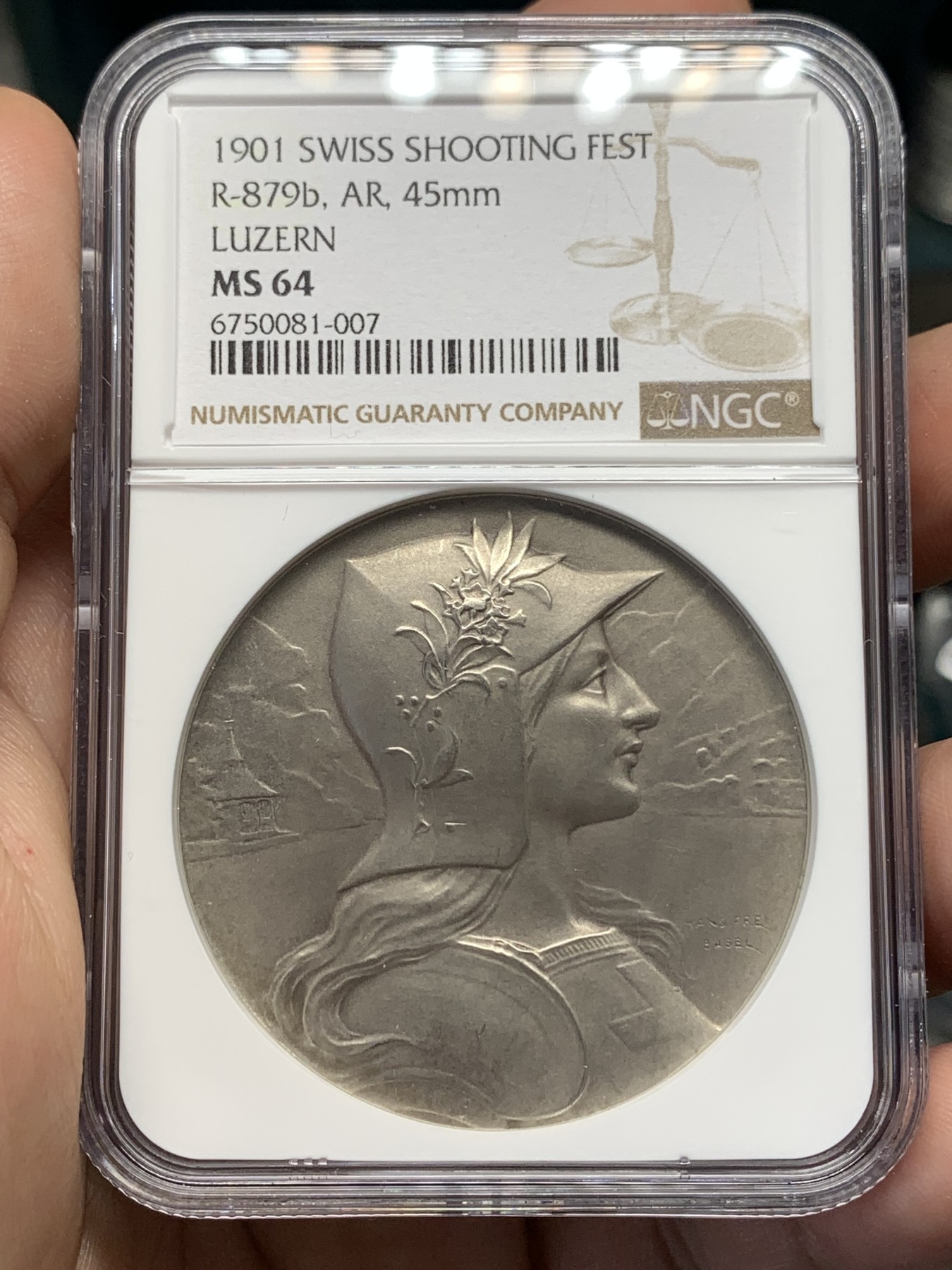 《竞宝斋》第186场-周日，周一 2场 (全场包邮) NGC-MS64 1901年卢塞恩瑞士射击节银章  高分好品相的射击节奖章比较难得 加厚盒装