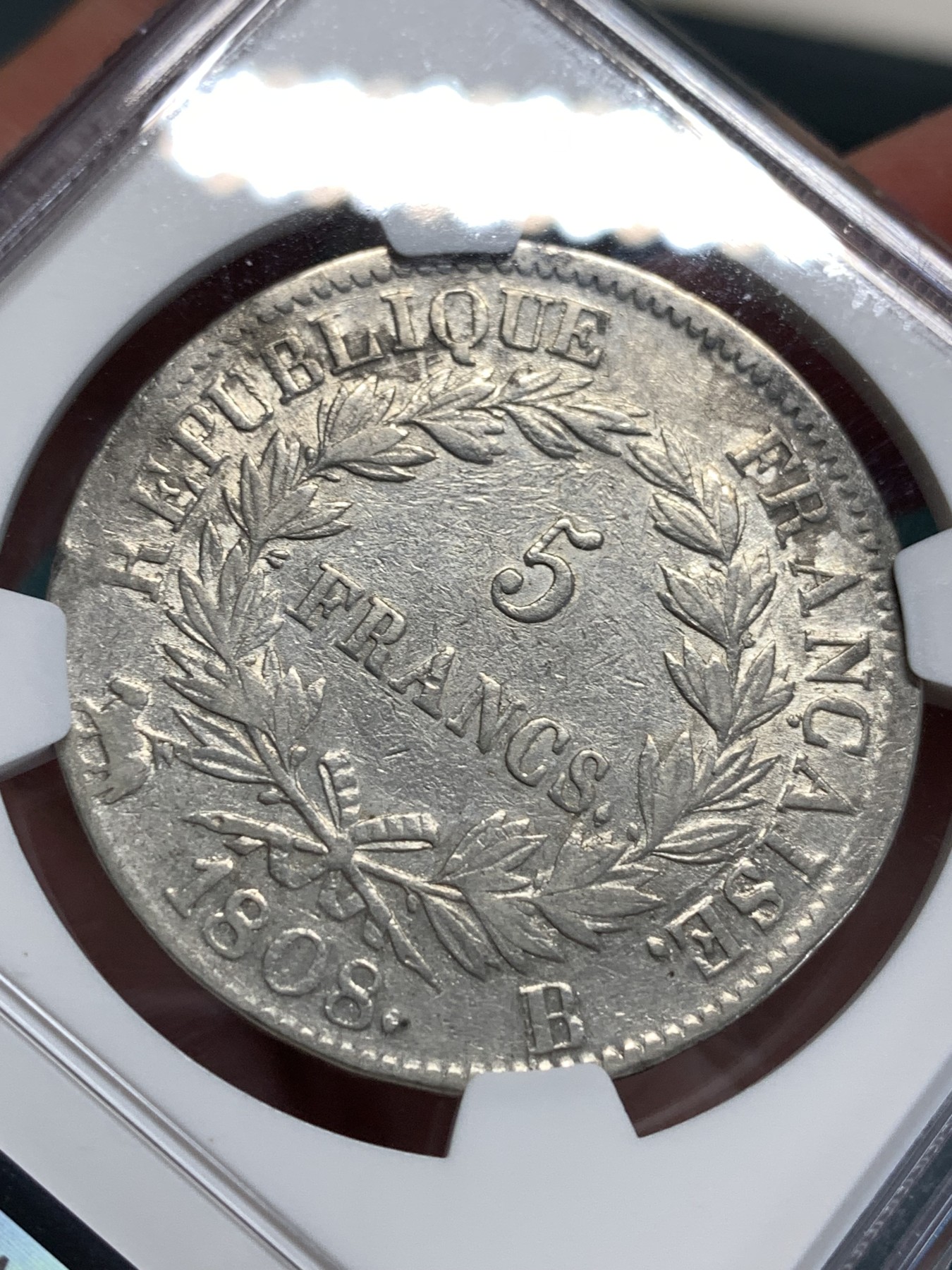 《竞宝斋》第186场-周日，周一 2场 (全场包邮) NGC VF 法国1808年 拿破仑一世 5法郎银币 不多的年份 B厂也少见